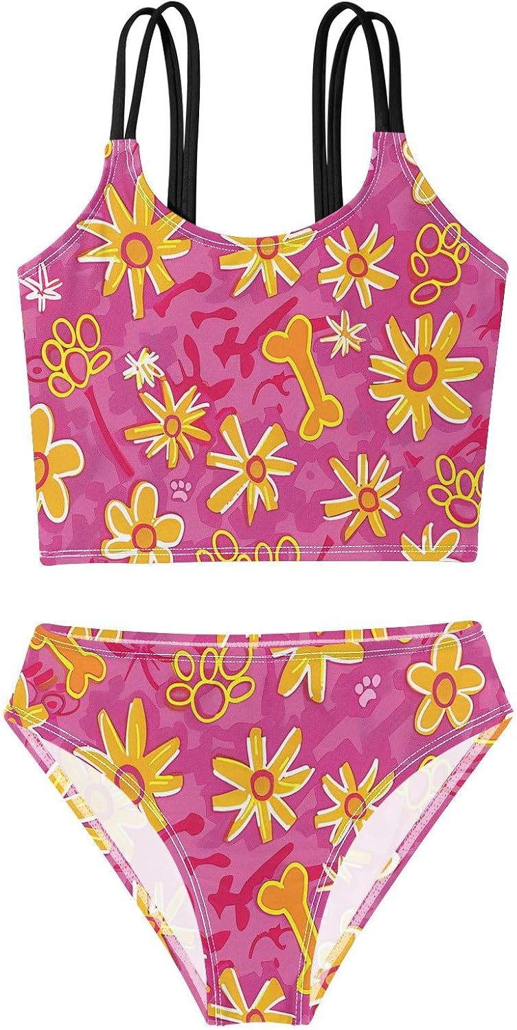 visesunny Girls Two Piece Swimsuits Daisy Dog Footprints Girl's Bikini Sets Bathing Suits for Girls Size 5-12Y