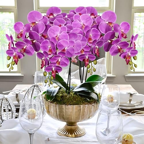 Vista 5 de DILATATA Orquídea Phalaenopsis floreciente de 31.5 pulgadas de alto, orquídea artificial de tacto real con 9 flores grandes, orquídeas falsas