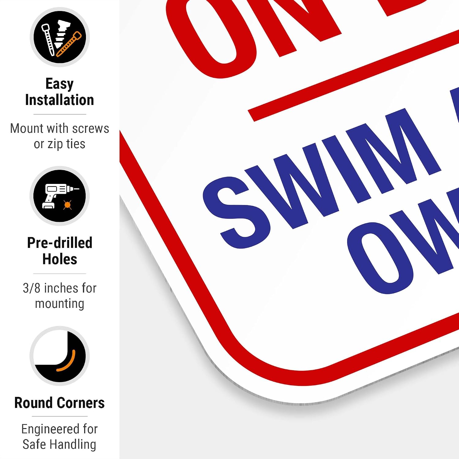 No Lifeguard On Duty Sign, Swim at Your Own Risk Pool Sign, 12x18 Inches, Rust Free .063 Aluminum, Fade Resistant, Made in USA