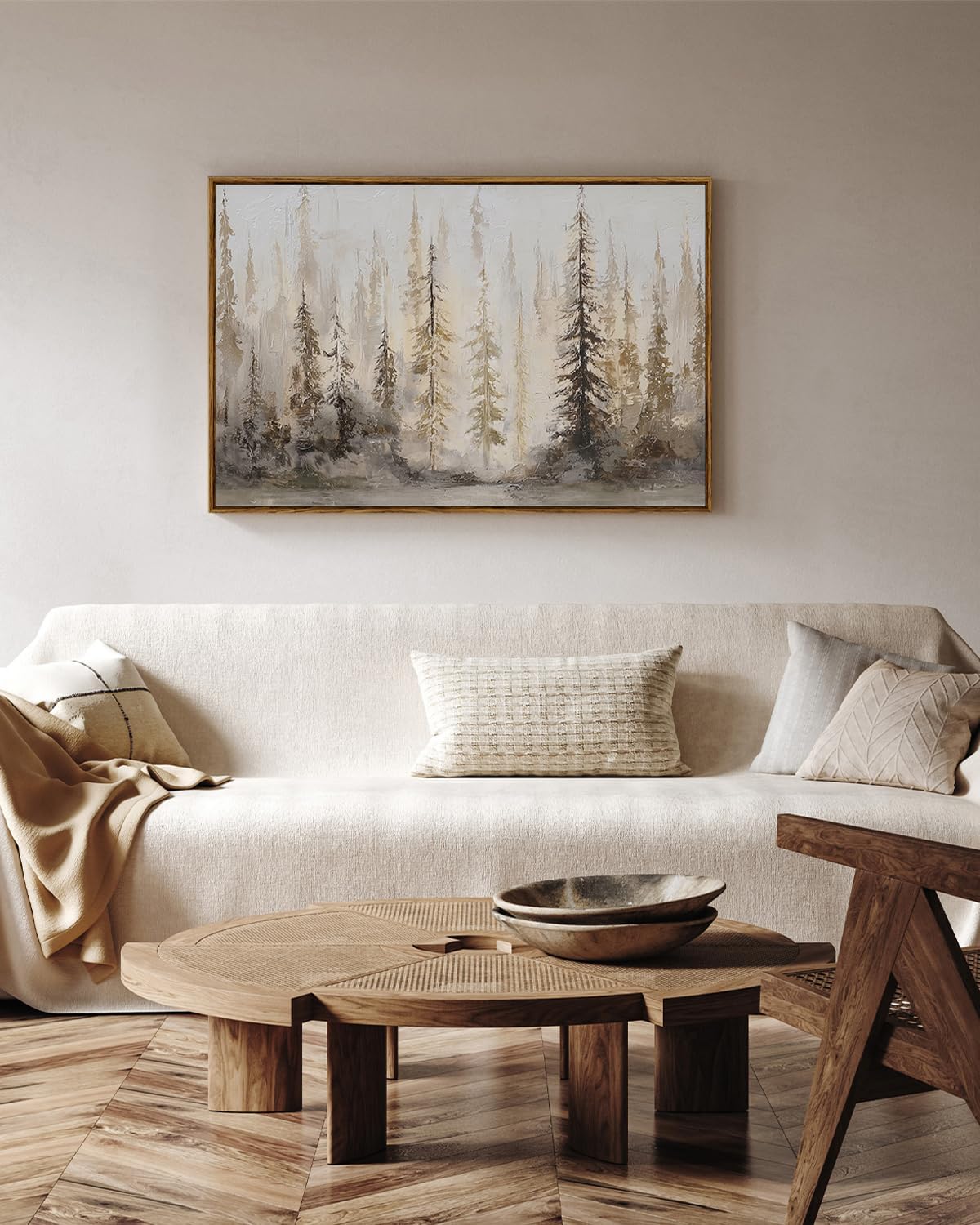 VIYYIEA Large Framed Canvas Wall Art, 24x36 Inch Abstract Forest Landscape Art Print, Neutral Wall Decor for Living Room Bedroom Home Office