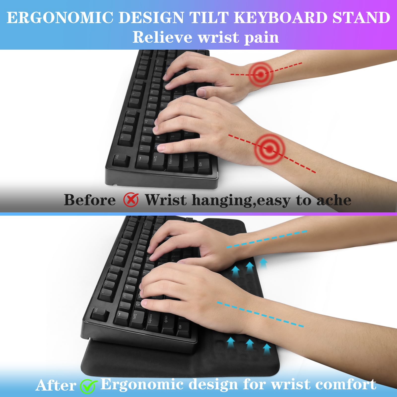Computertastatur-Ständer mit Handgelenkauflage, ergonomisch, bequem, geneigte Tastaturhalterung, Tastaturablage, Unterstützung für Büro und Zuhause (schwarz)