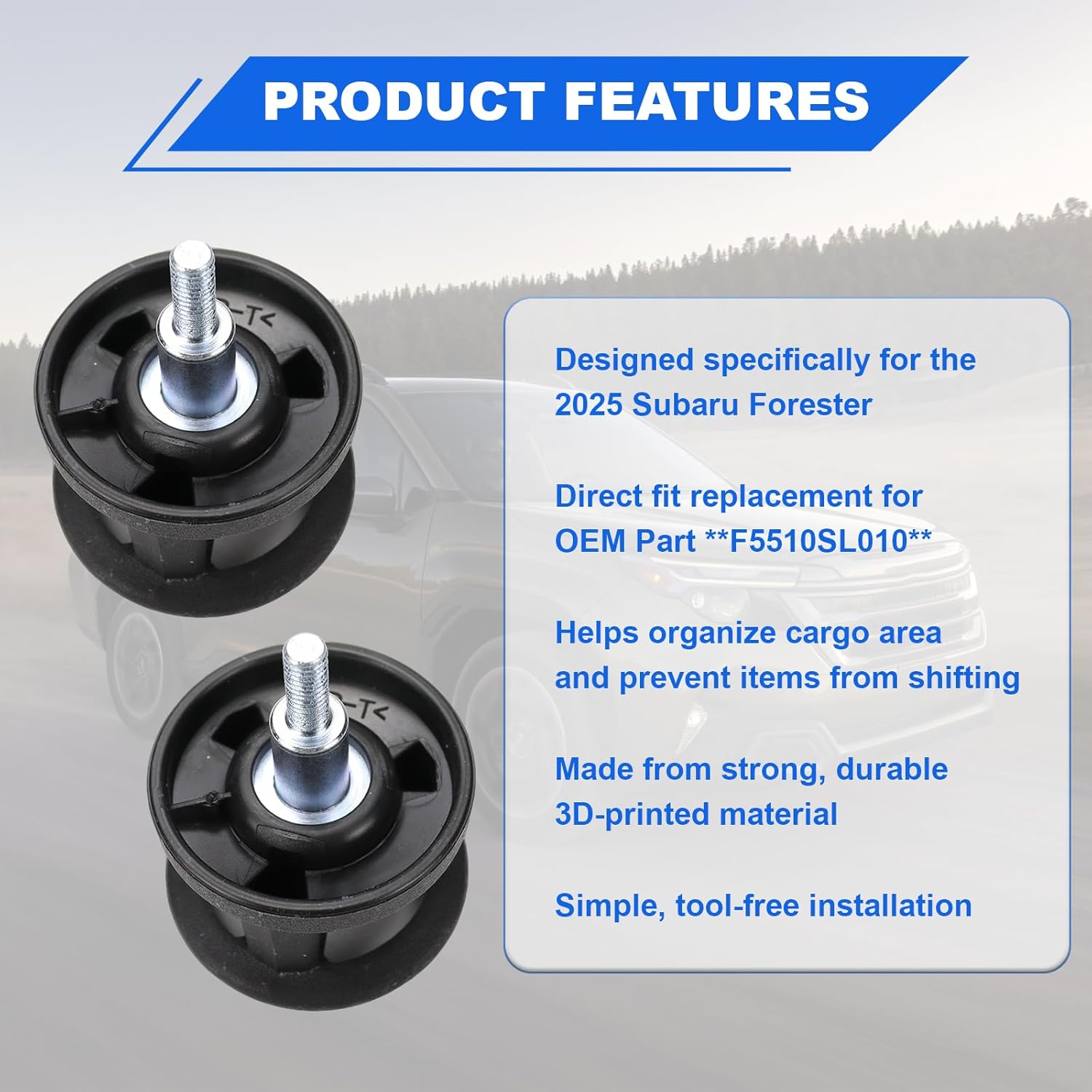 Cargo Area Utility Hooks Set of 2 designed to provide convenient hanging points for grocery bags, cargo nets and so on Compatible with Subaru Forester(2025 2026) Outback(2026) Replaces F5510SL010