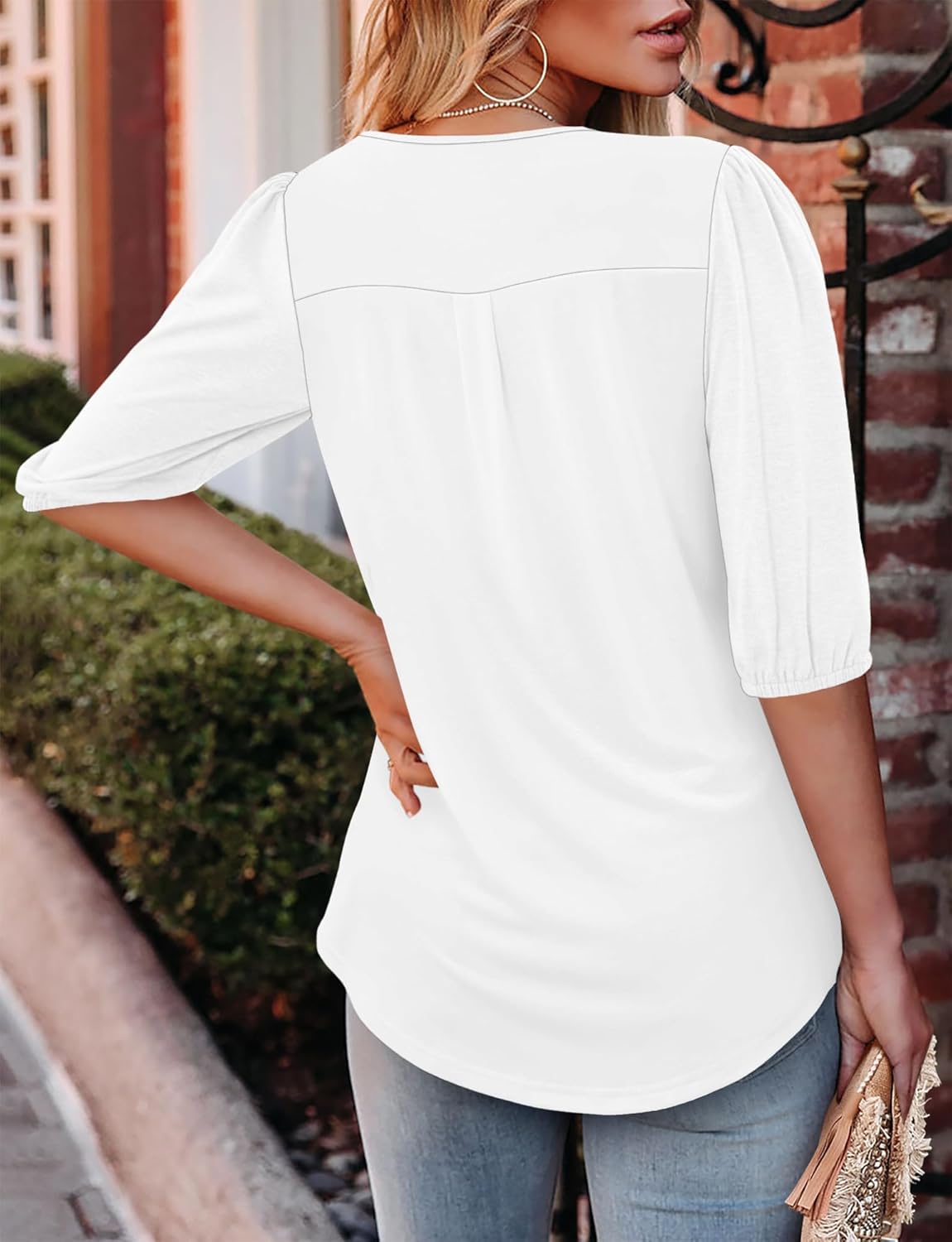 Magritta Womens Puff Half Sleeve Summer Tunic Tops Casual Chest Pleated Shirts Work Blouse for Women Dressy - Image 3