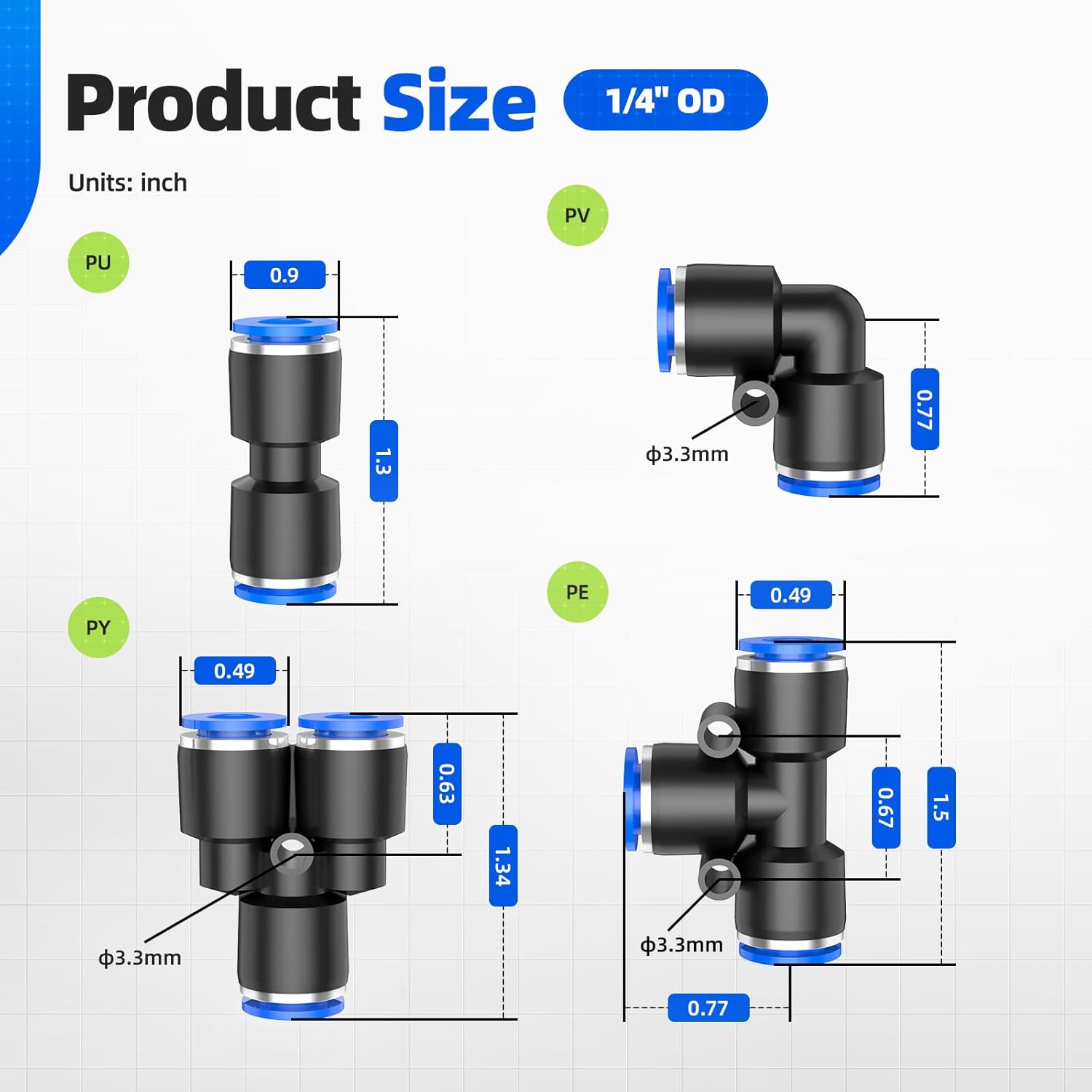40Pcs Quick Connect Air Hose Fittings Kit, 1/4 inch OD 10 Straights +10 Tees +10 Elbows +10 Splitters Push to Connect Fittings Pneumatic Fittings use 1/4 inch Tube