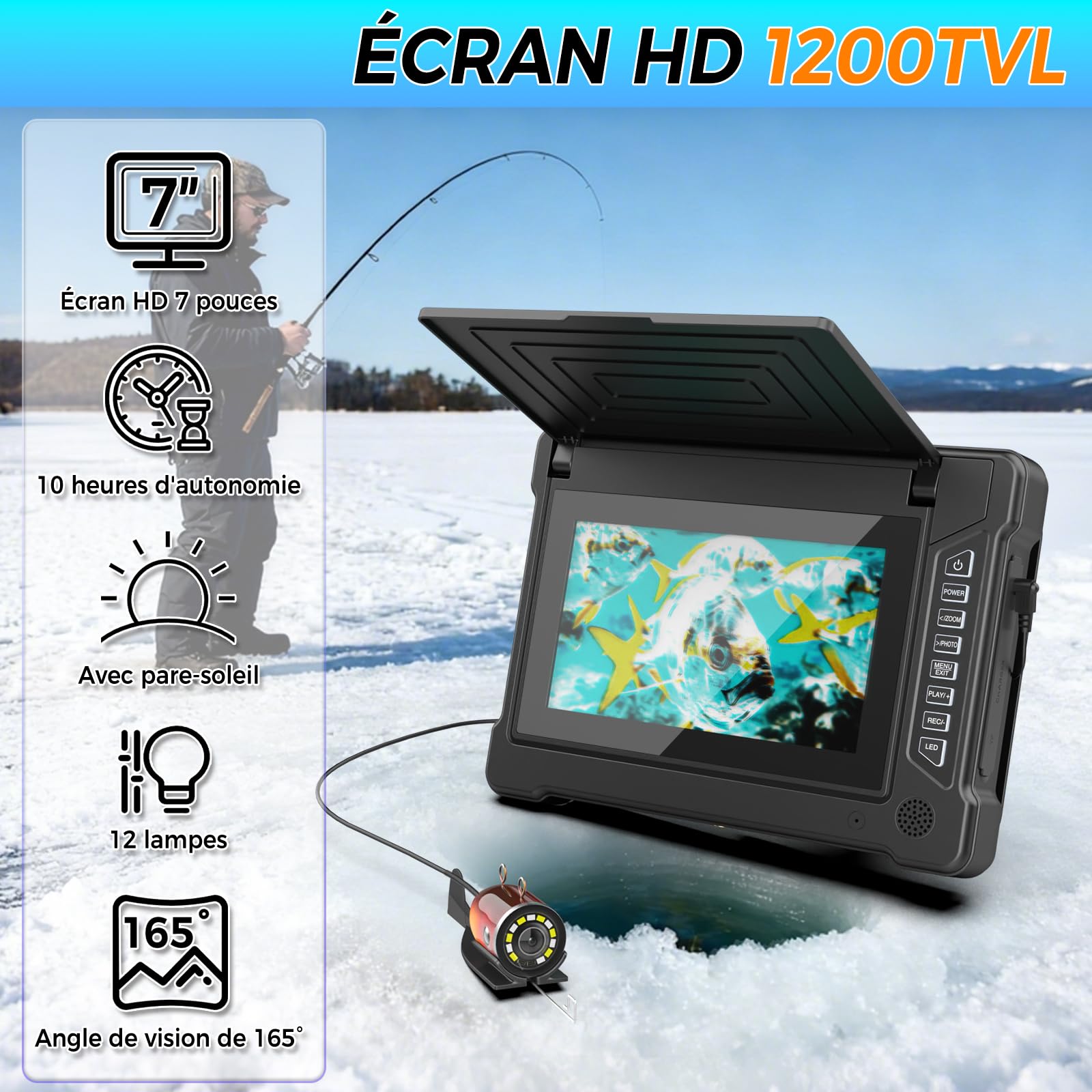 Sonde de pêche Caméra sous-Marine de pêche avec écran HD 7", Vision Nocturne Infrarouge Grand Angle, IP68 étanche, pour pêche en mer, lac, rivière et Glace