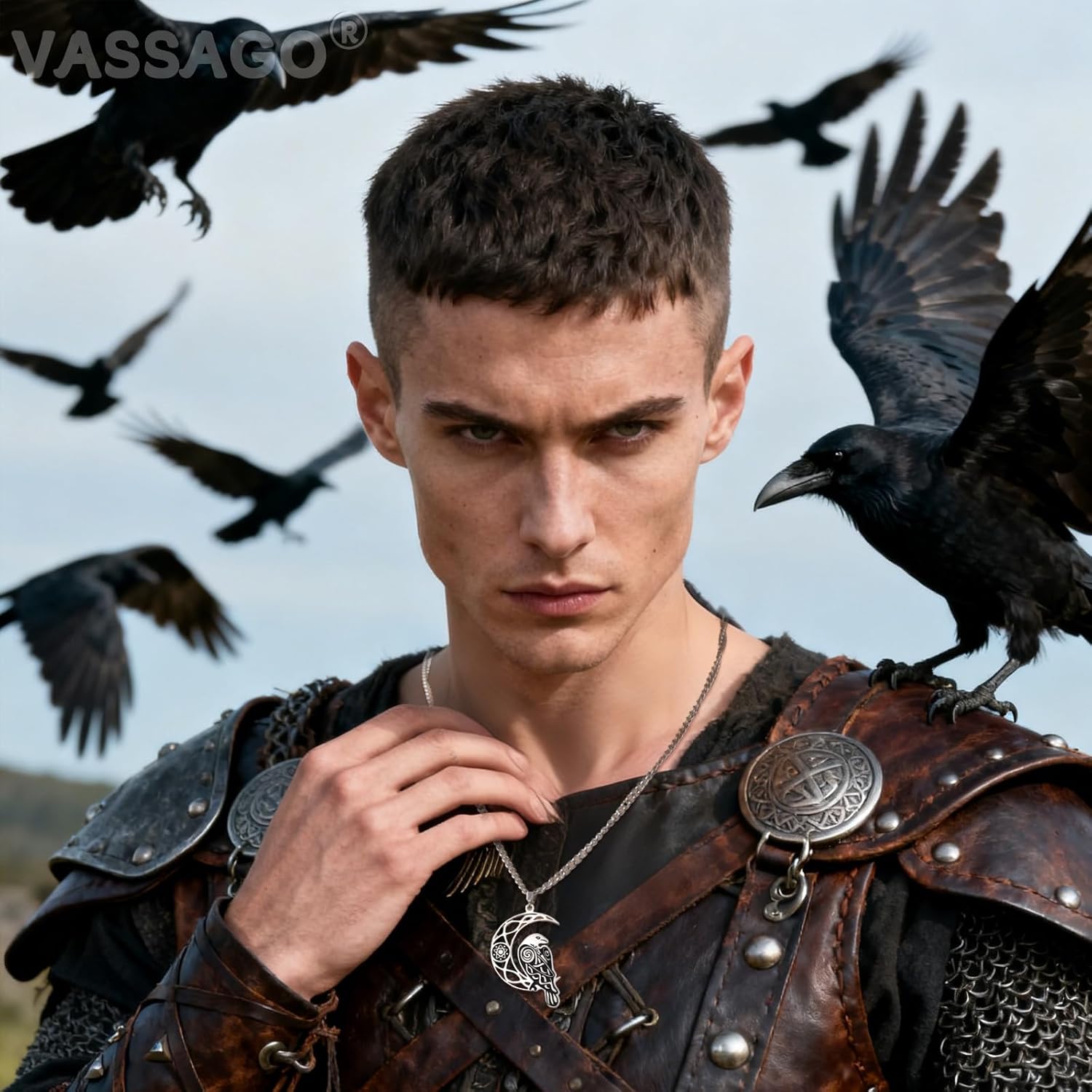 VASSAGO Viking Raven Necklace for Women Men Stainless Steel Crescent Moon Necklace Odin Raven Pendant Amulet Jewelry Gift - Image 2