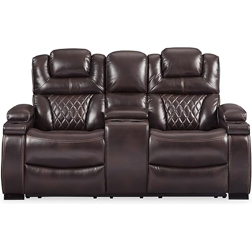 Signature Design by Ashley Warnerton Faux Leather Power Reclining Loveseat with Center Console, Brown
