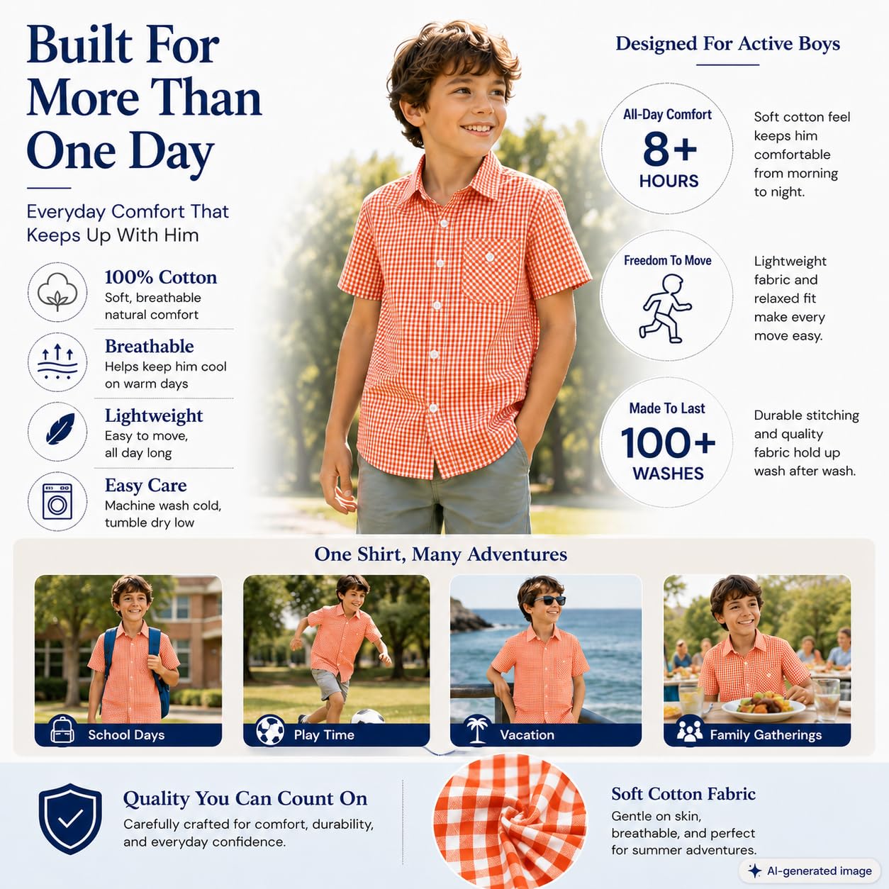Bienzoe Camisa deportiva de manga corta de algodón a cuadros para niño - - 7-8 años