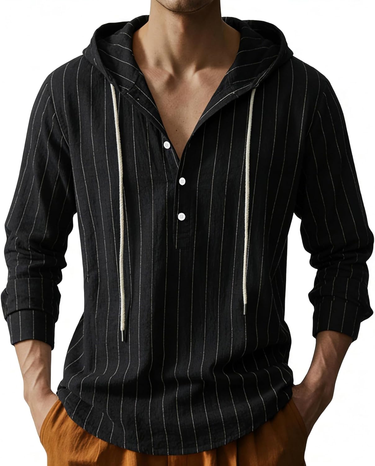 Mens Cotton Linen Hoodies Long Sleeve Button Down Shirts Casual Hawaiian Beach Yoga Sweatshirts