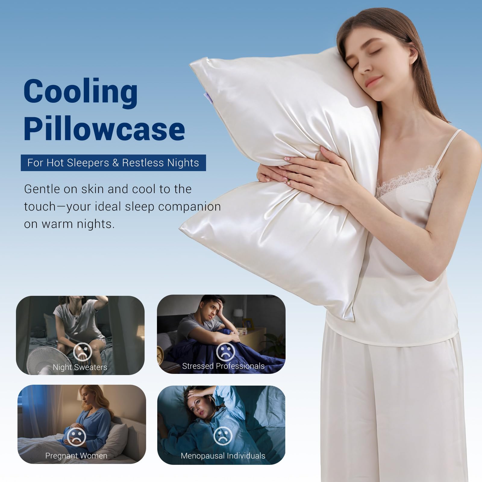 Marchpower Federe rinfrescanti in seta, 2 pezzi, Arc-chill 3.0 Q-MAX 0,5, in fibra di raffreddamento, traspiranti, con design su entrambi i lati, delicate sulla pelle, antistatiche, 50 x 75 cm, bianco
