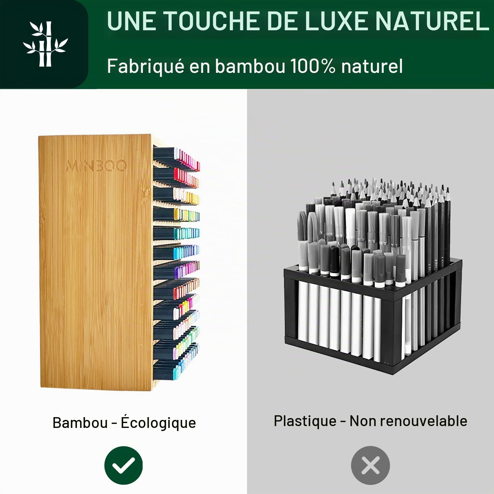 MinBoo Organiseur pour 144 marqueurs, fournitures d'art en bambou, marqueurs artistiques, stylos, crayons de couleur, pinceaux, organisateur de papeterie pour la maison, la salle de classe, le bureau,