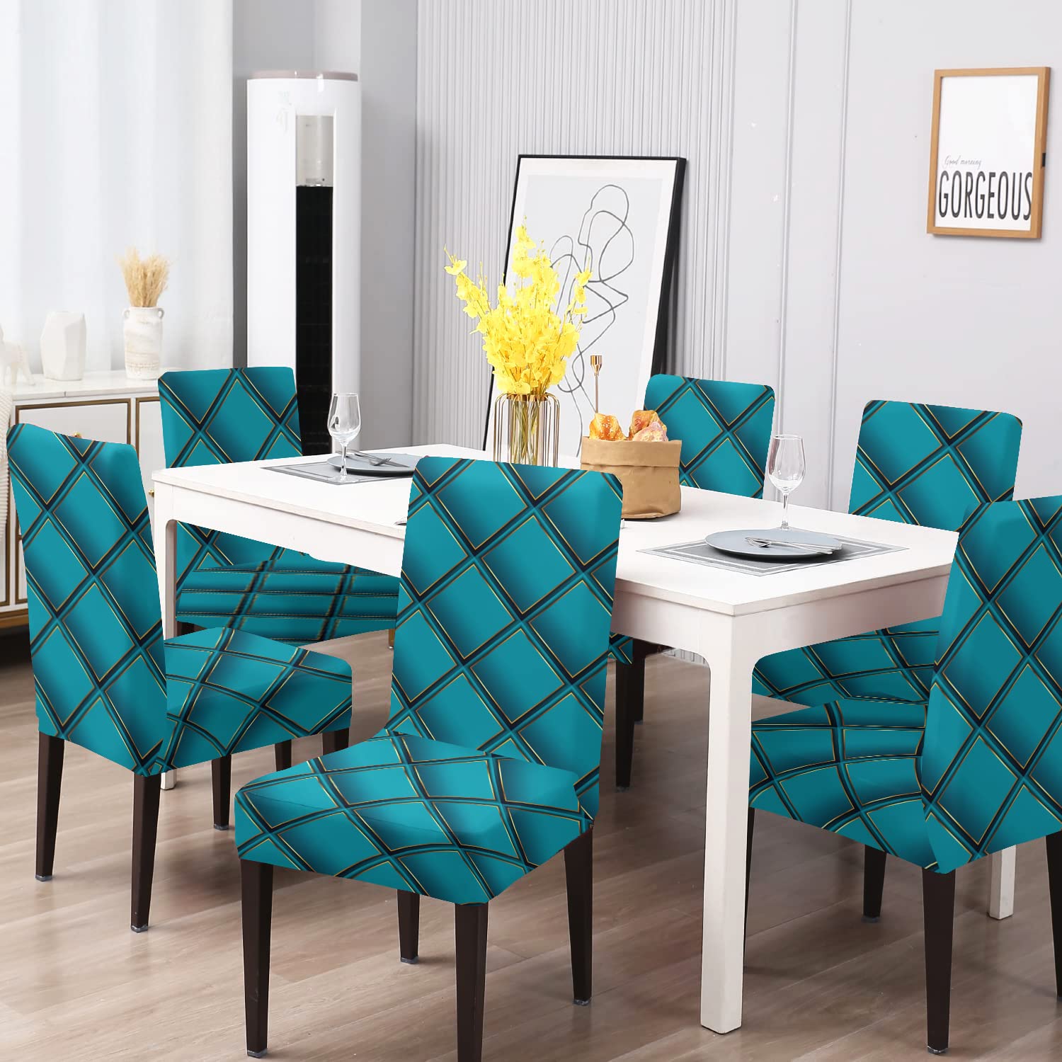 BRIDA® Stretchable Floral Geometric Printed Dining Chair Cover Set of 6 Seater Elastic Chair Seat Case Protector, Slipcovers (6 Chair Cover, Teal Geometric),Polyester;Polyester Blend