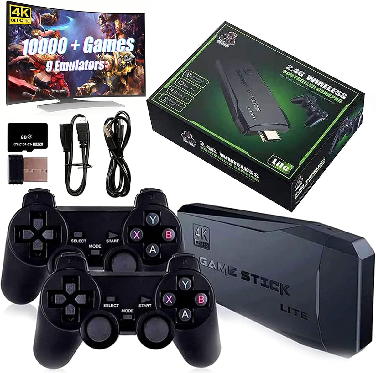 Consola de juegos retro inalámbrica BAKAMA integrada en más de 10.000 juegos y 9 emuladores Retro Game Stick 4K HDMI Plug and Play Videojuegos para TV Controladores inalámbricos duales 2.4G (64G), negro