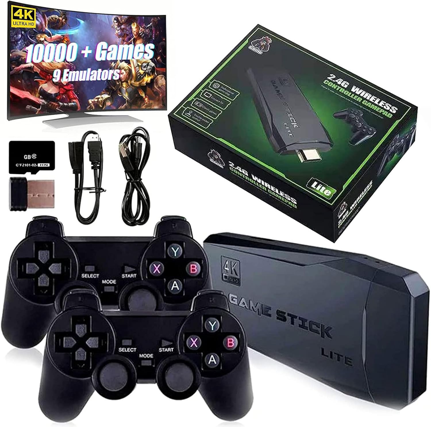 BAKAMA Wireless Retro Game Console Built in 10,000+ Games and 9 Emulators Retro Game Stick 4K HDMI Plug and Play Video Games for TV Dual 2.4G Wireless Controllers (128G), Black