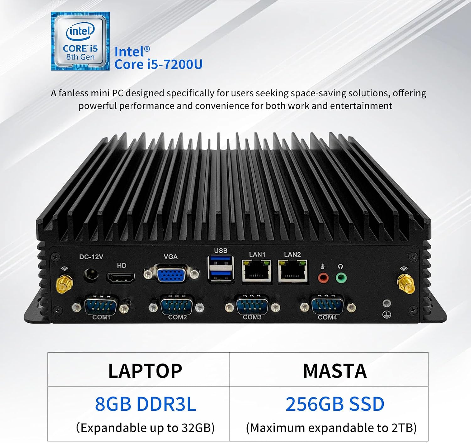 Fanless Mini PC, Core i5-7200U, Windows 11 Pro/Linux, 8GB RAM, 256GB SSD, 6 COM Ports, Dual LAN, 4K HD, VGA, 24/7 Operation Mini Computer