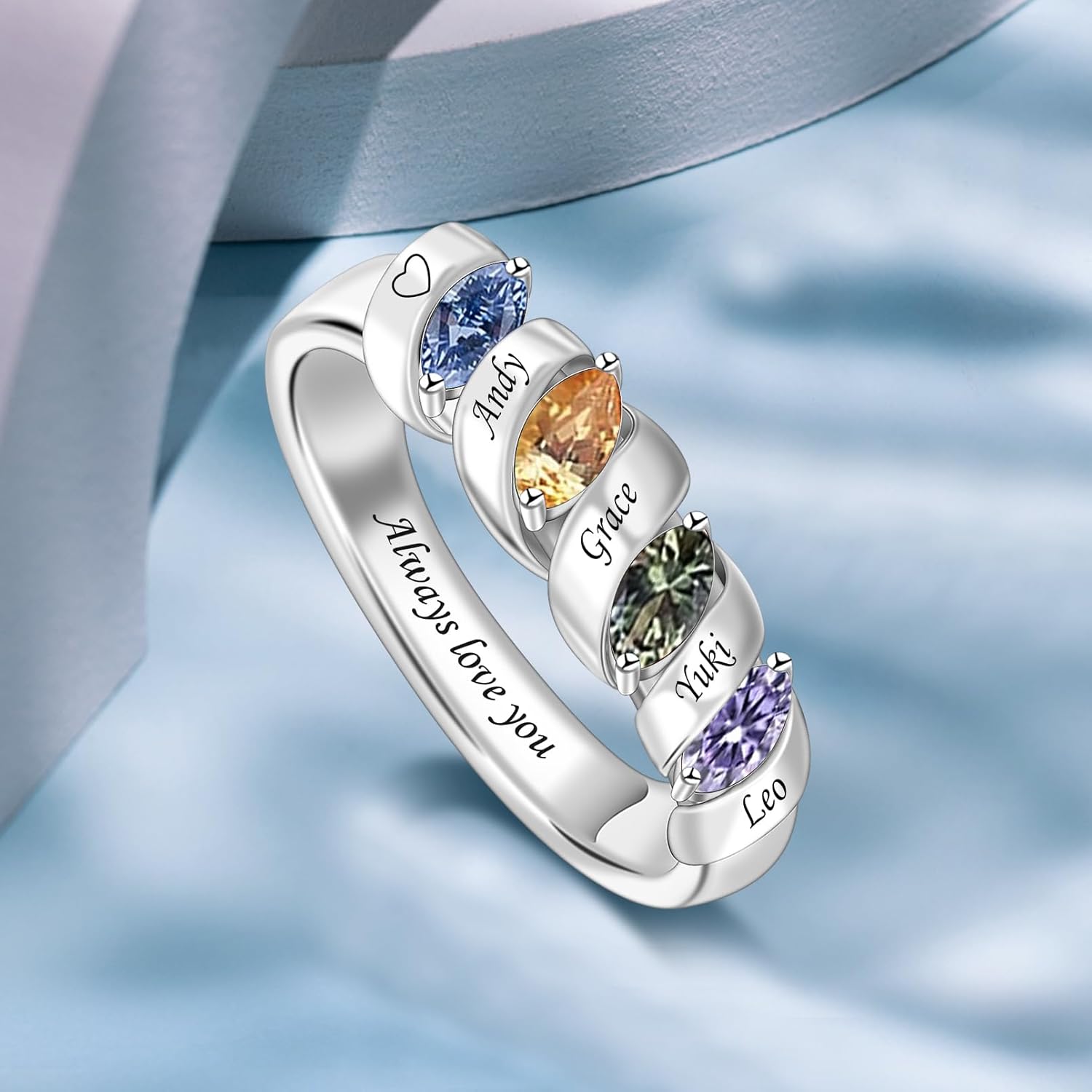 Personalized Gemstone Rings Custom Family Ring Womens Rings with 1-6 Birthstone Engraved Jewelry Gift for Her - Image 5