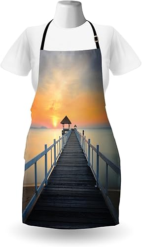 Miniatura 2 de Ambesonne Nautical Apron, Long Exposure Deck Path by the Sea Shorline with Horizon Sunset Landscape, Unisex Kitchen Bib Apron with Adjustable Neck