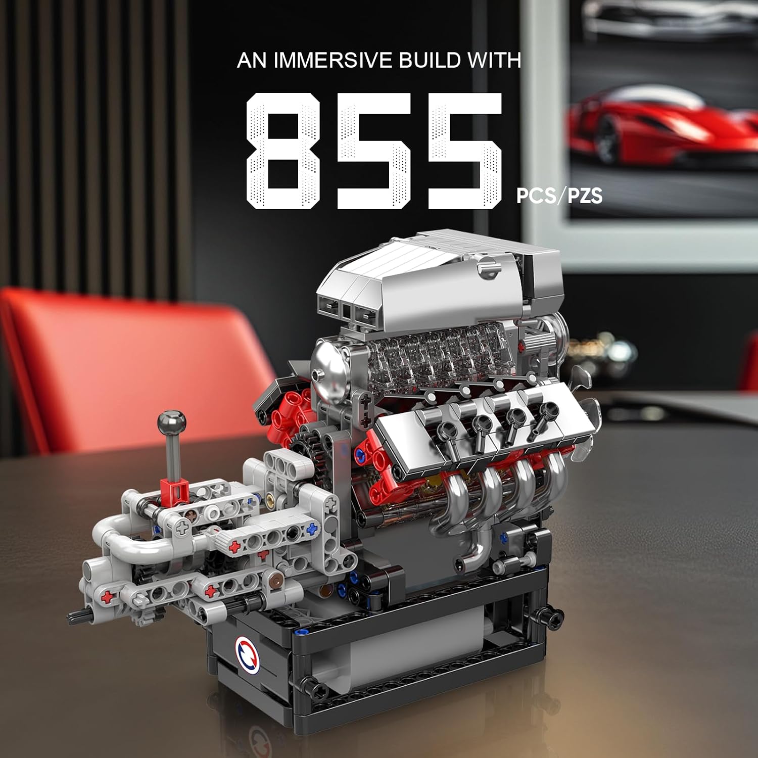 Mould King 10225 Dodge V8 Engine Building Kit with Gearbox, 855+ Pieces Mechanical Model Featuring Working Pistons and Transmission