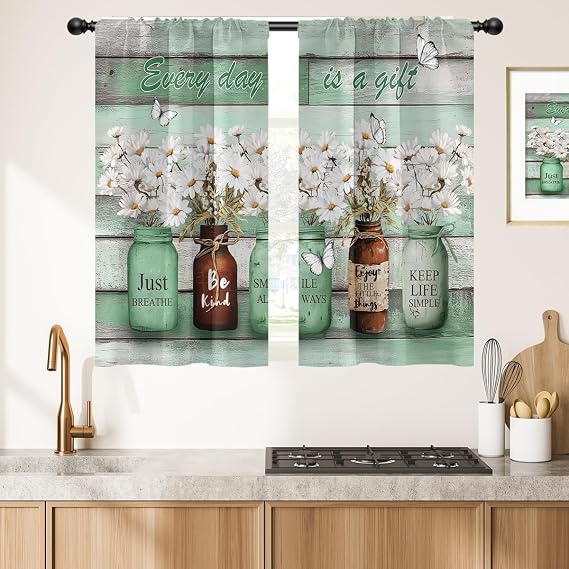 Green Farmhouse Kitchen Window Curtains Rod Pocket Small Short Cafe Floral Vintage Rustic Retro Boho Daisy Plant Fun Inspirational Drapes 2 Panels Living Bedroom Decoration Decor 27.5X39 inch