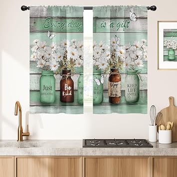 Green Farmhouse Kitchen Window Curtains Rod Pocket Small Short Cafe Floral Vintage Rustic Retro Boho Daisy Plant Fun Inspirational Drapes 2 Panels Living Bedroom Decoration Decor 27.5X39 inch