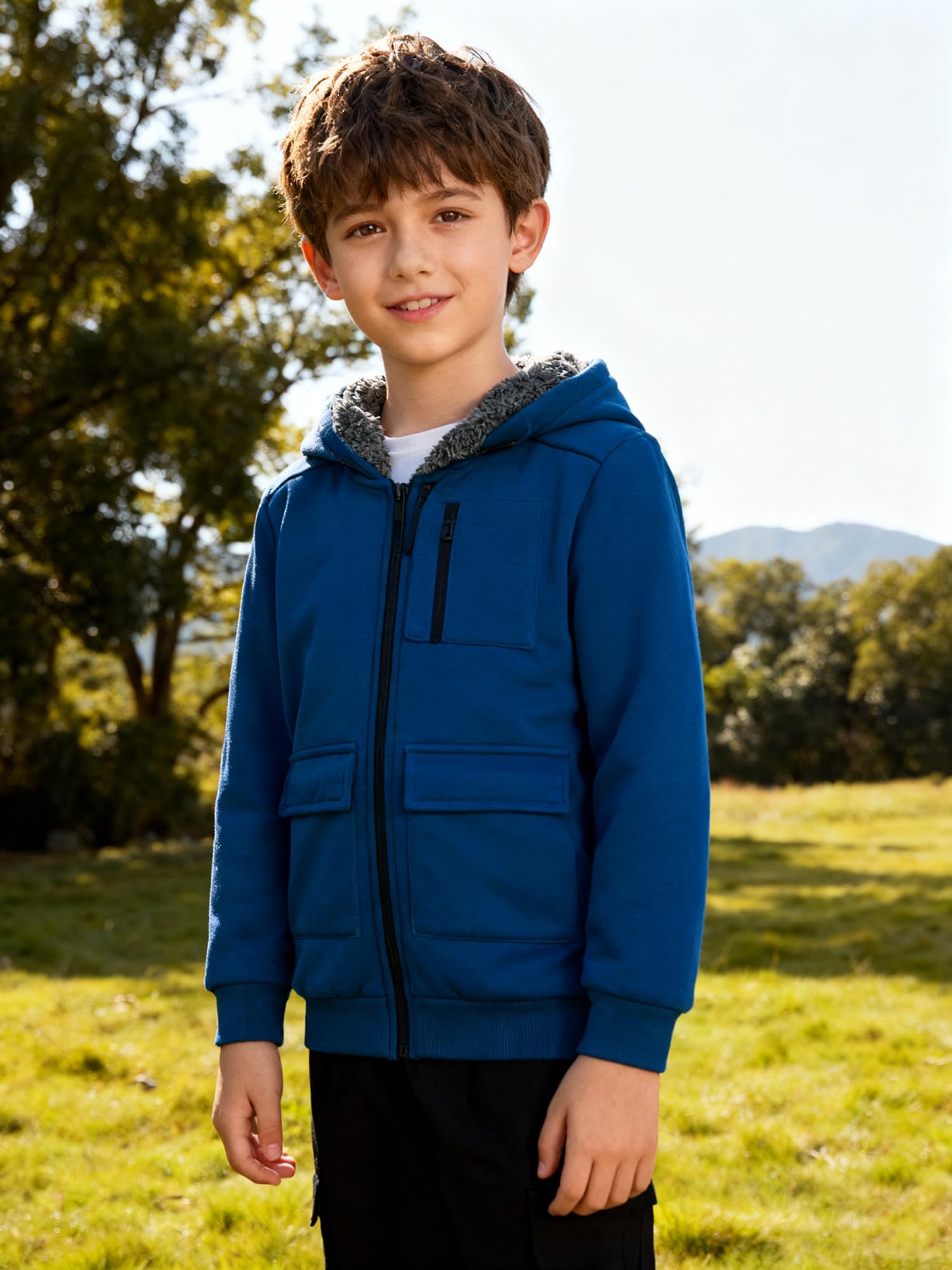 Sudadera con capucha de forro polar para niños, con cremallera, forro de sherpa, sudadera con capucha y bolsillo