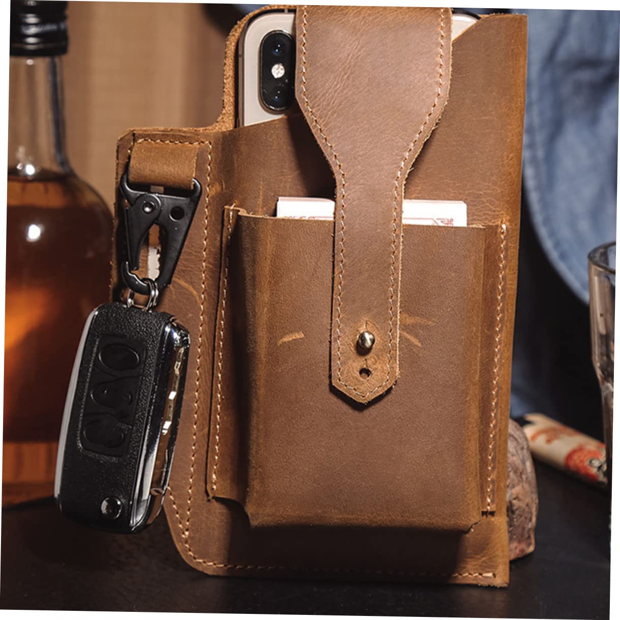 Riñonera Deportiva Hombre Vintage de Piel Auténtica Resistente Ligera Hebilla para Colgar Llaves Bolsa de Almacenamiento para Cintura Uso Diario y Viajes