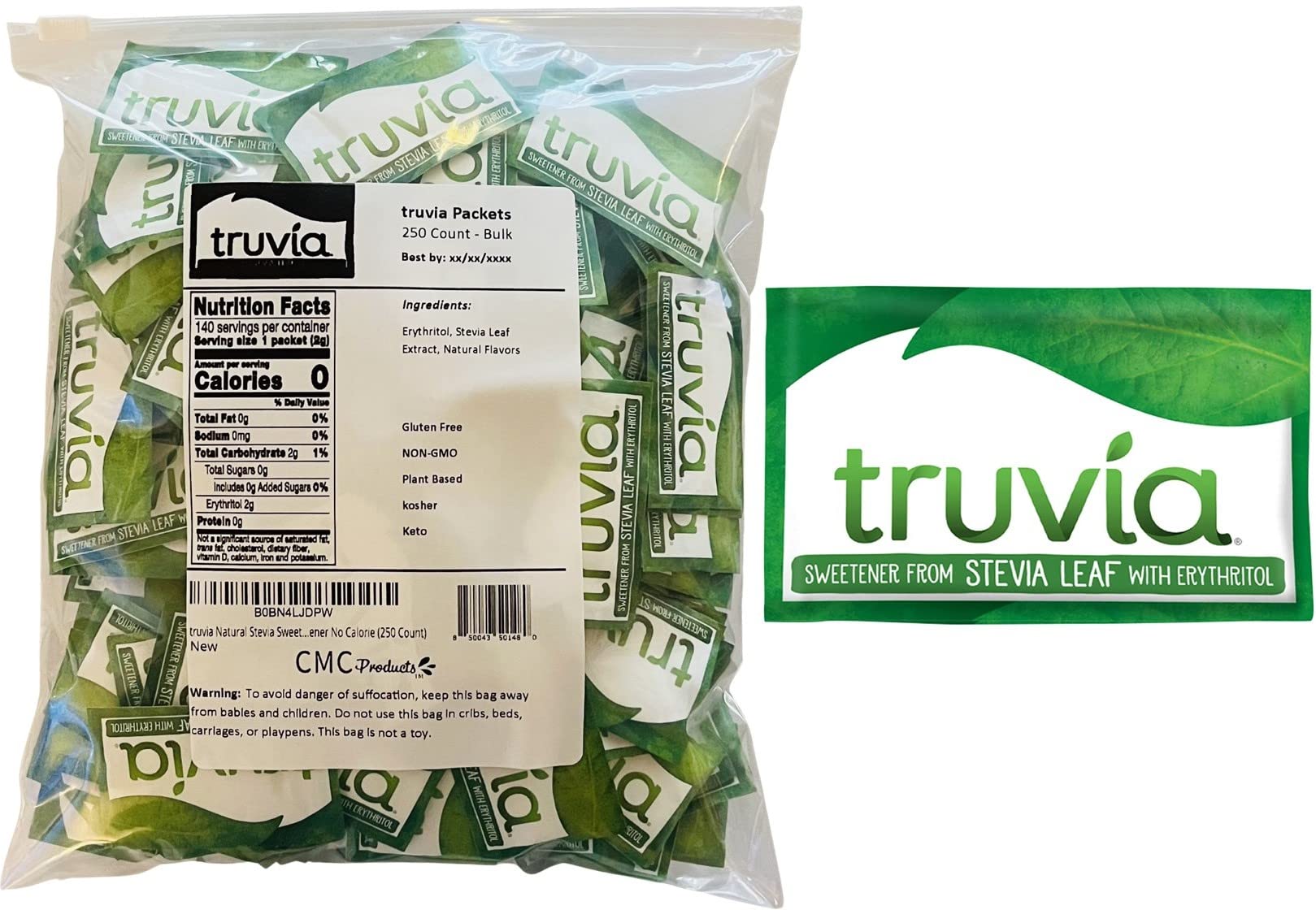 250 Count – truvia Stevia Sweetener Packets – Natural Stevia Non-GMO in Slide Seal Bag