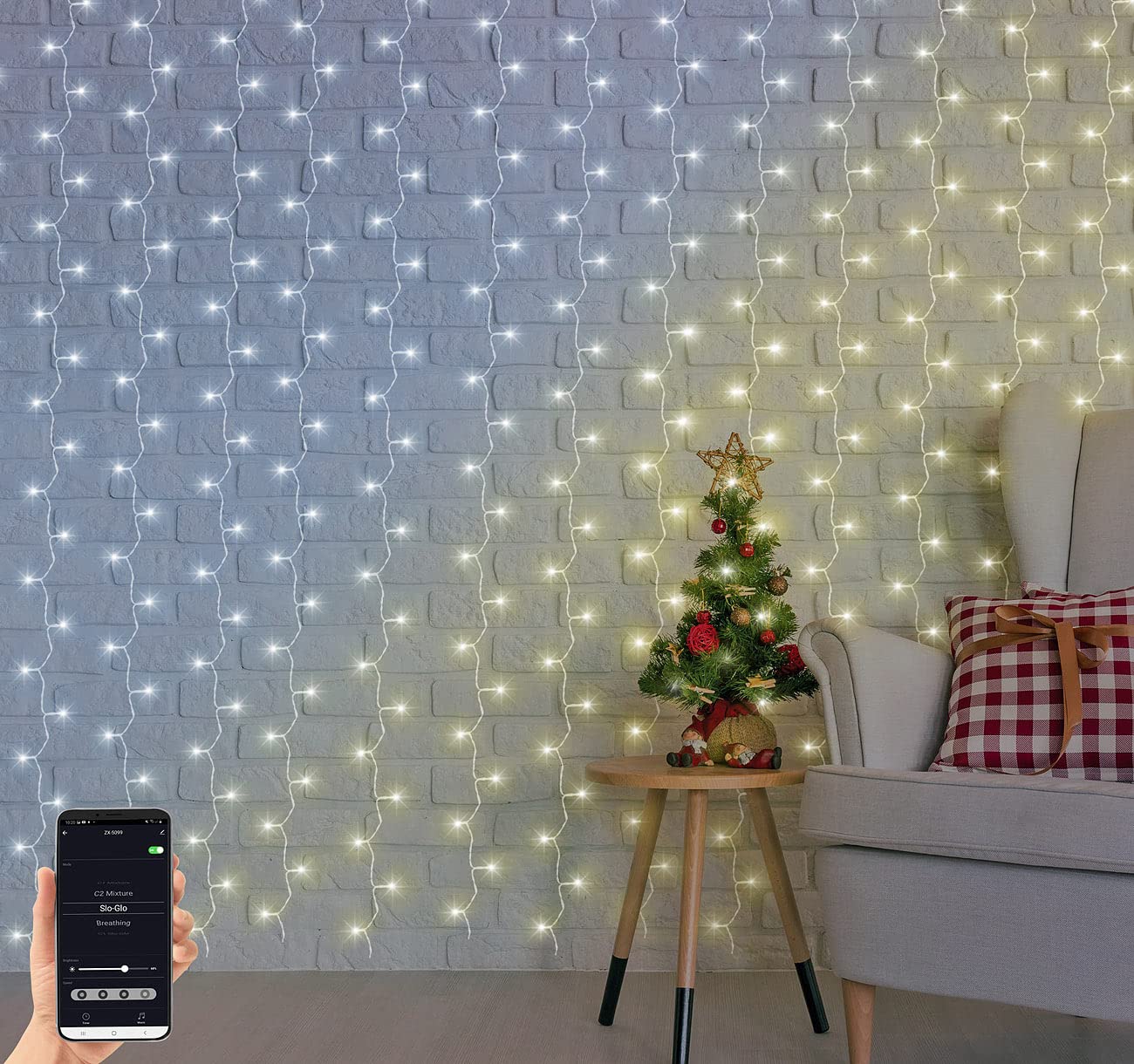 Luminea Home Control Lichtervorhang innen: 2er WLAN-LED-Lichtervorhang, 300 CCT-LEDs, dimmbar, App, IP44, 3x3 m (außen, kaltweiß, Kabel)