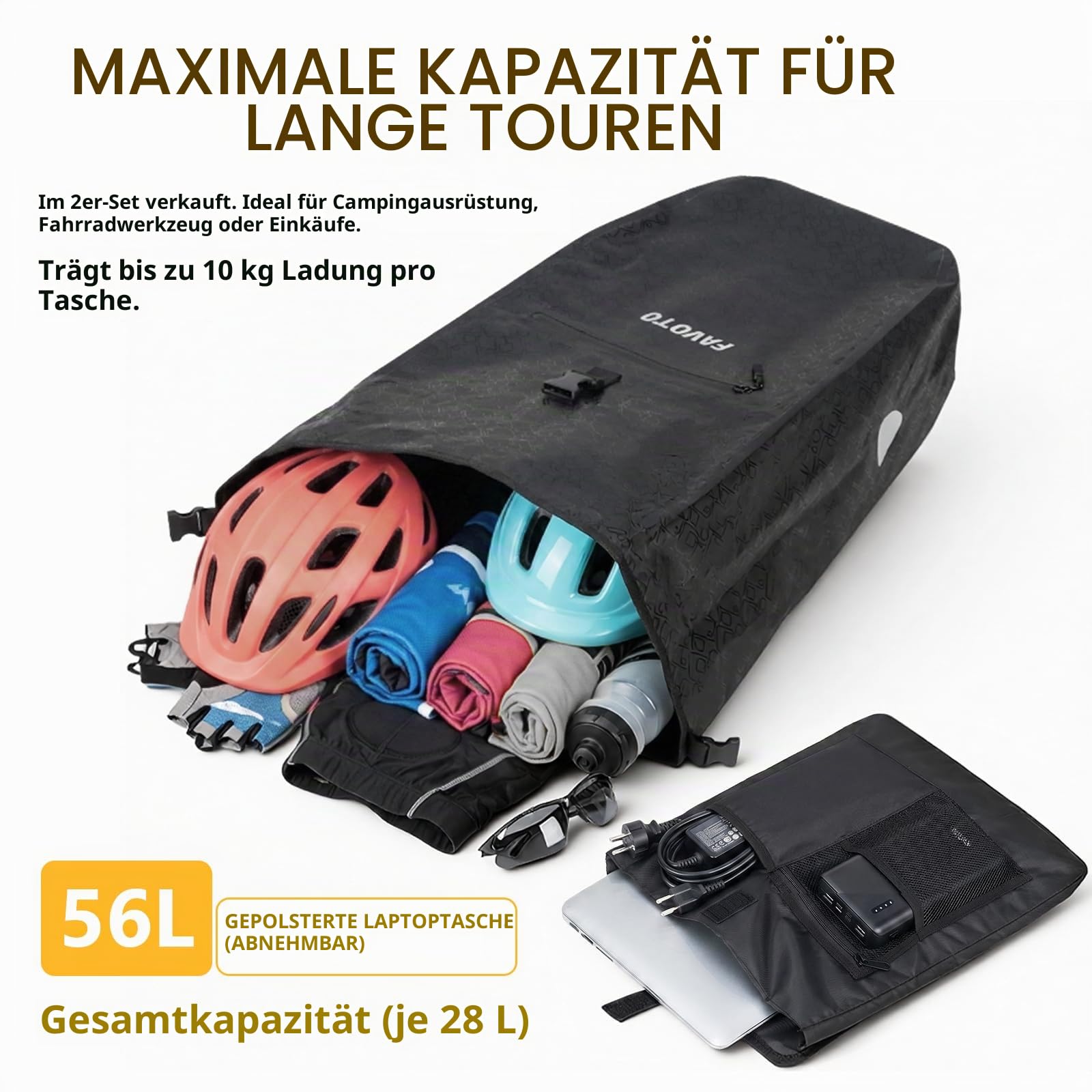 Favoto Fahrradtaschen Hinten Gepäckträger Wasserdicht, 56L (2×28 L) | Schnellverschluss Robust Reflektierend Große Kapazität für E-Bike Mountainbike Fahrrad