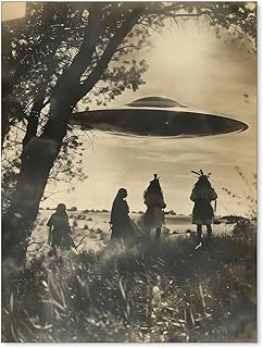 Gothic Dark Academia UFO Poster Vintage Native American Alien Close Encounter Wall Art Wild Southwestern Western Painting for Living Room Bedroom Wall Decor 12x16 inch Unframed
