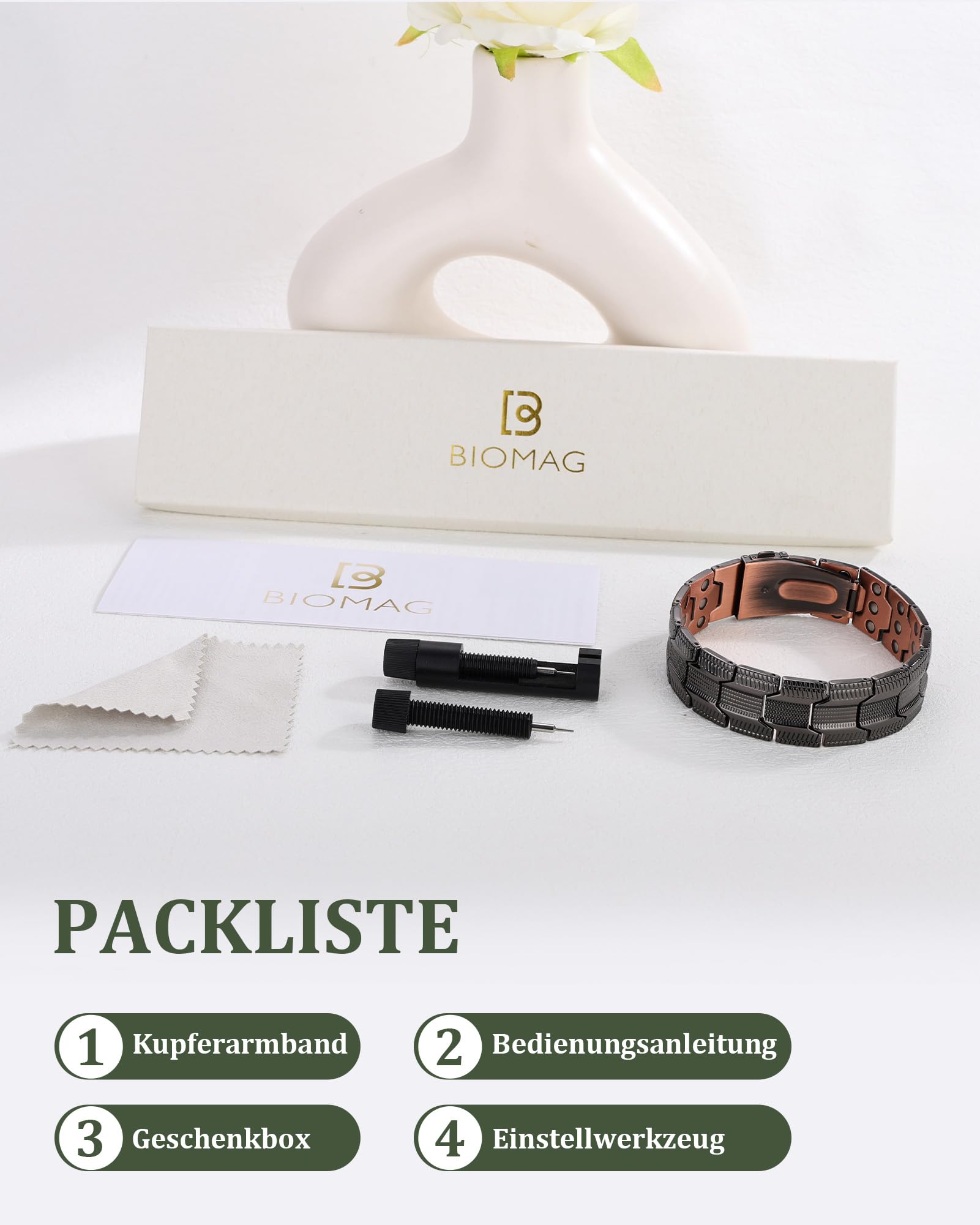 BioMag Bracelet magnétique pour homme en cuivre pur 99,99 % - Bracelet de thérapie magnétique avec outil de réglage de la taille gratuit pour une longueur de poignet individuelle