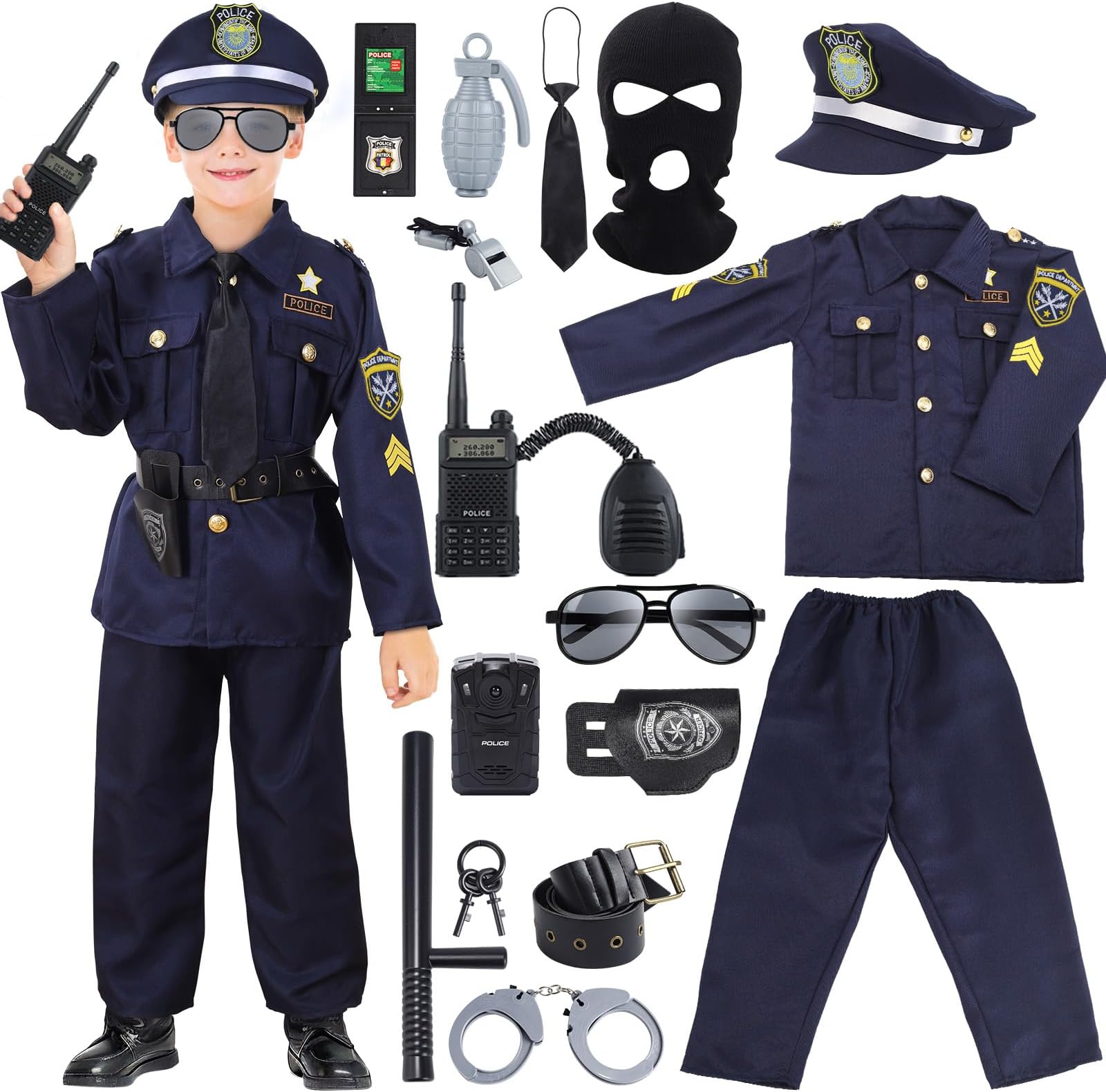 Skirfy 16PCS Police Costume for Kids,Police Officer Costume for Kids,Kids Cop Costume Role Kit, Kids Halloween Costume
