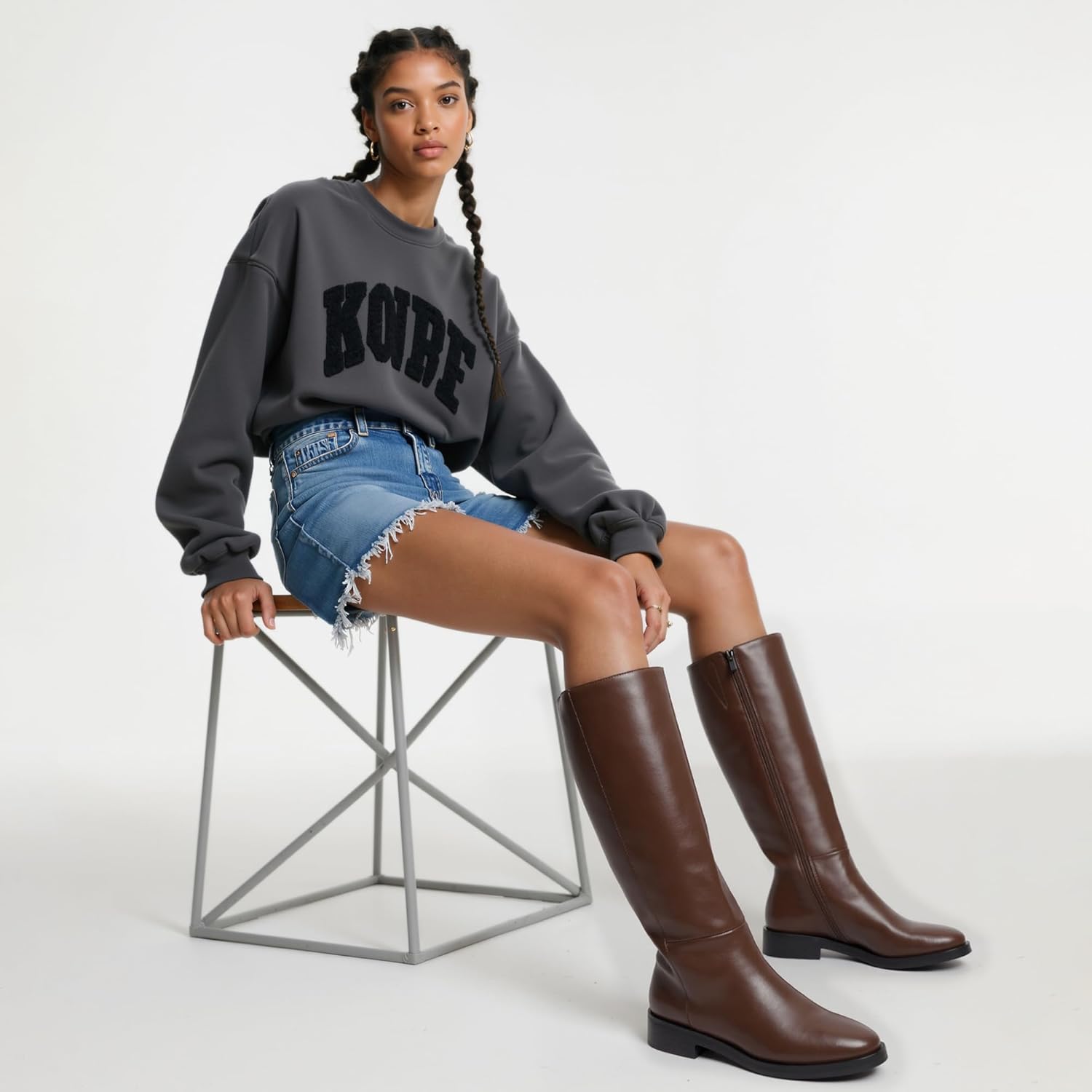 Modatope Knee High Boots Women Round Toe Chunky Low Flat Heel Side Zipper Fall Tall Boots for Women - Image 6