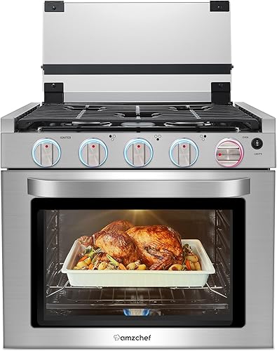 AMZCHEF Estufa de gas RV de 12 V. Horno de cocina para uso RV con 3 quemadores, horno de gas, 28,100BTU, configuración de llama abierta, indicador