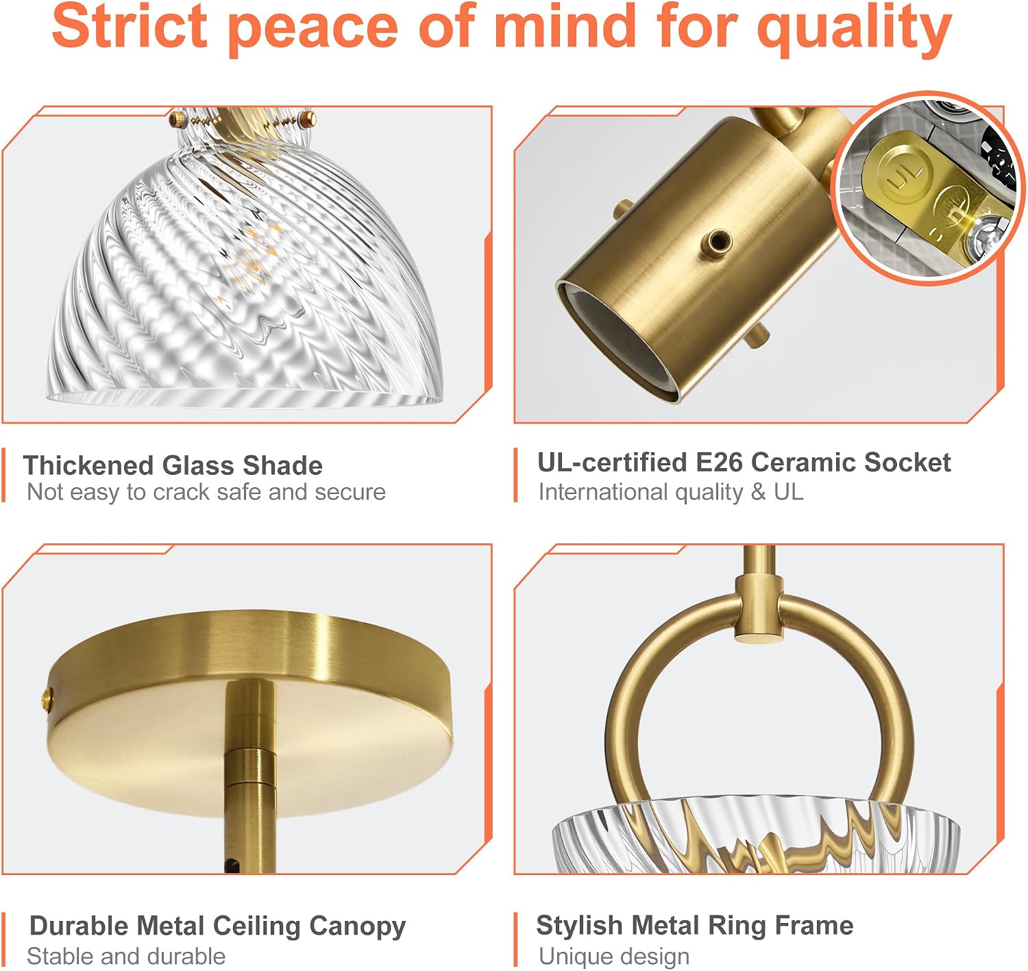 Glass Pendant Light Kitchen Island, Modern Pendant Lighting Over Sink, Adjustable Hanging Ceiling Light with 9.84'' Striped Glass Shade for Dining Room Bedroom Hallway, Gold, Single Pack