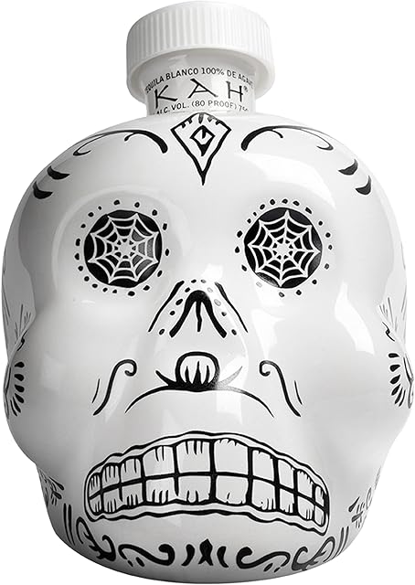 KAH Tequila Blanco - Day of the Dead Decorated White Bottle - 100% Blue Agave, Double Distilled, Triple Filtered - Unaged - 40% vol 70 cl (700ml / 0.7 Litre)