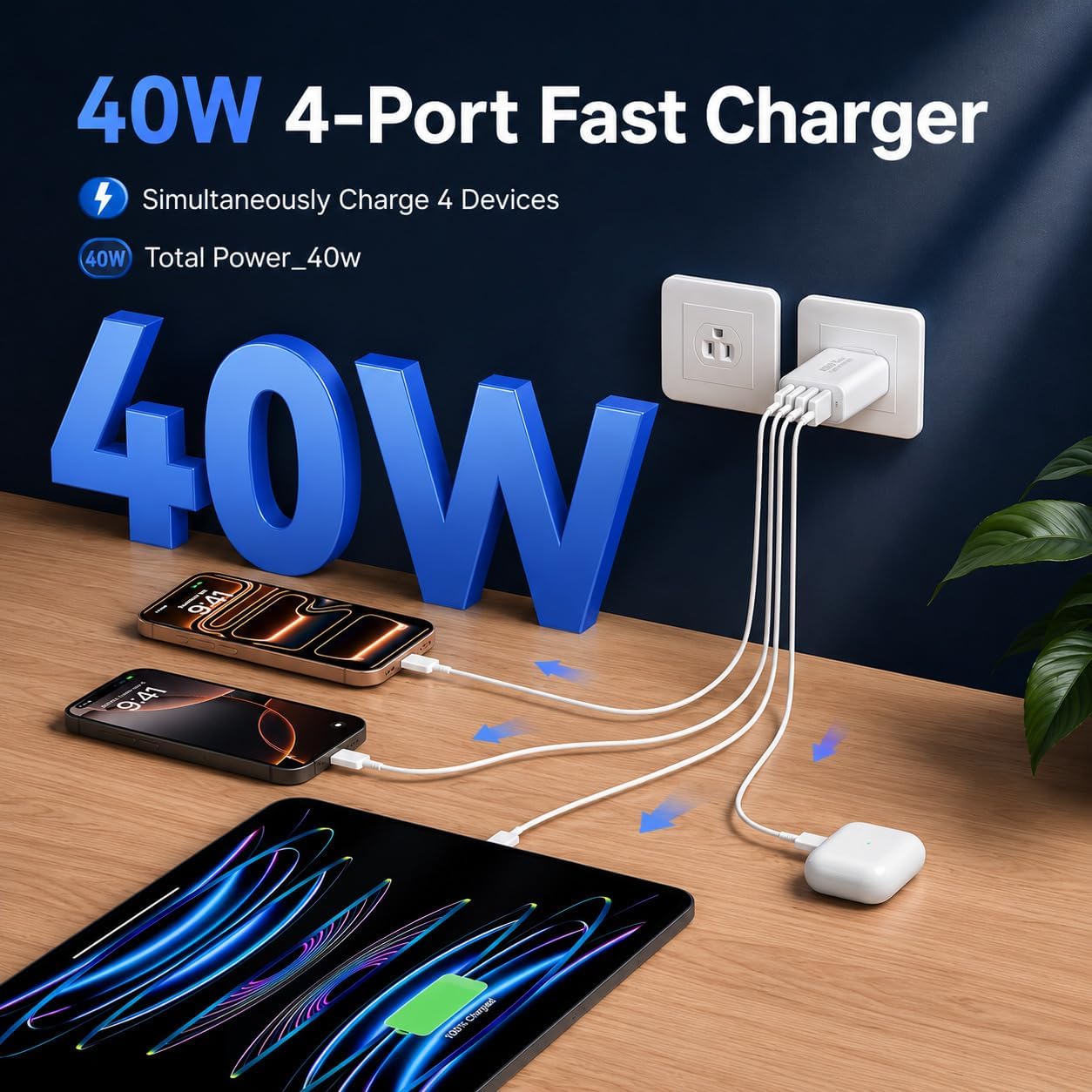 USB C Wall Fast Charger Block, 40W 4-Port Type C Charger Fast Charging Blocks PD Power Charger Adapter+QC 3.0 USB Multiport Charger Brick for iPhone 17/16/15/14/13/12 Pro Max, iPad, Galaxy S25-2Pack thumbnail