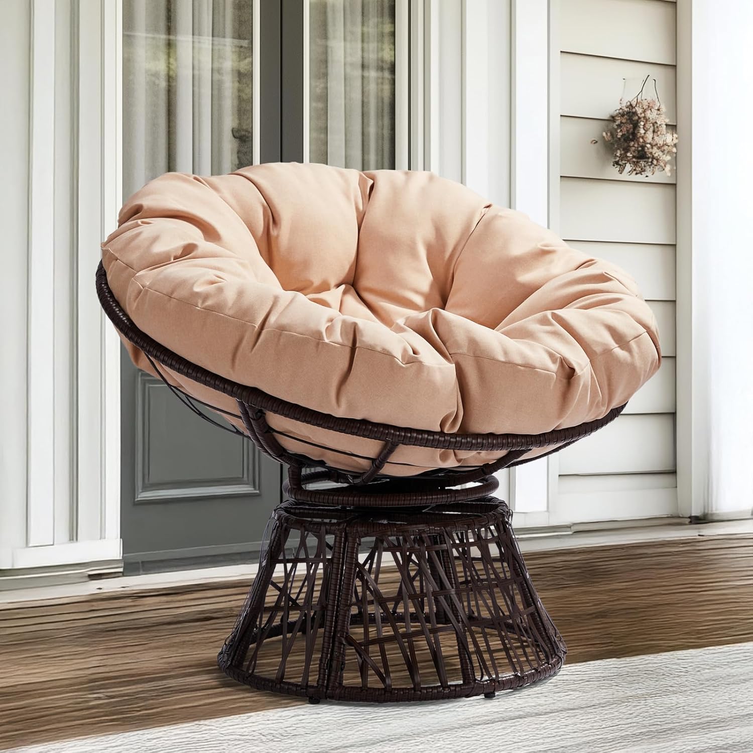 VINGLI Indoor Papasan Chairs with Thick Tufted Cushions, Swivel Wicker Ergonomic Lounge Reading Chairs for Living Room/Bedroom, Beige