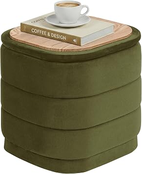 PINPLUS Ottoman with Stroage Square Velvet Ottoman and Tray Removable Foot Rest Coffee Table for Dorm, Living Room,Olive Green 15" D x 15" W x 15" H