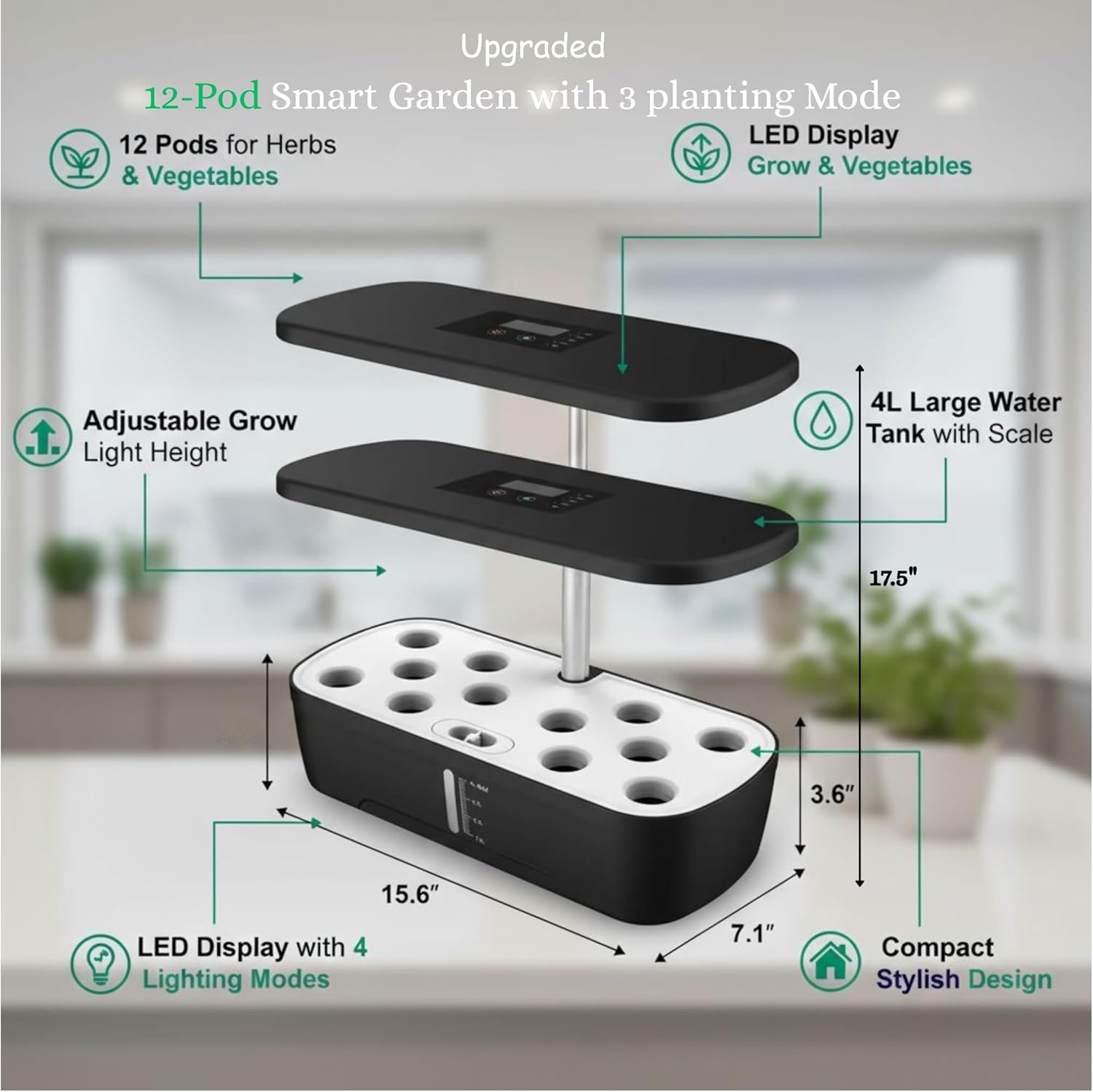 Soil-Free Hydroponics Growing System - 12 Pods with Smart LED Screen, Adjustable Height, 4L Tank, LED Grow Light for Indoor Plants, Grow Herbs Year-Around, Hydro Garden Gifts for Plant Lovers