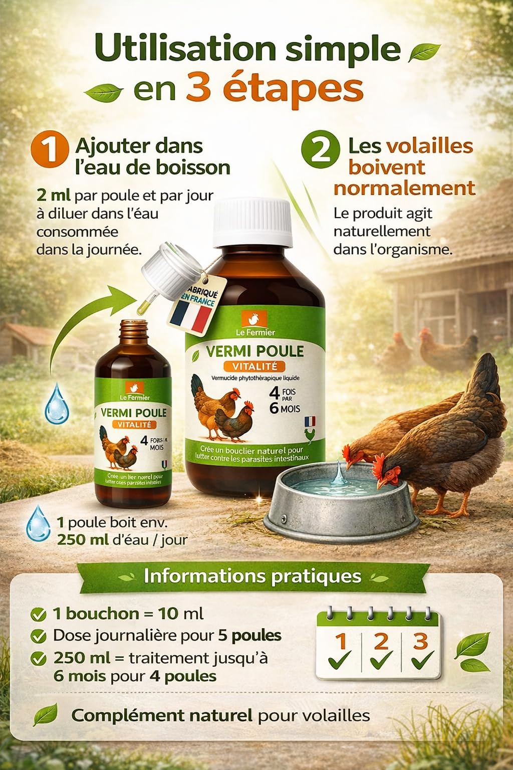 Vermipoule 500 ML – Vermifuge Naturel Poules & Volailles – Défense Contre Parasites Internes, Complément Alimentaire Liquide – sans Risque pour Œufs – Solution Buvable (500 ML)