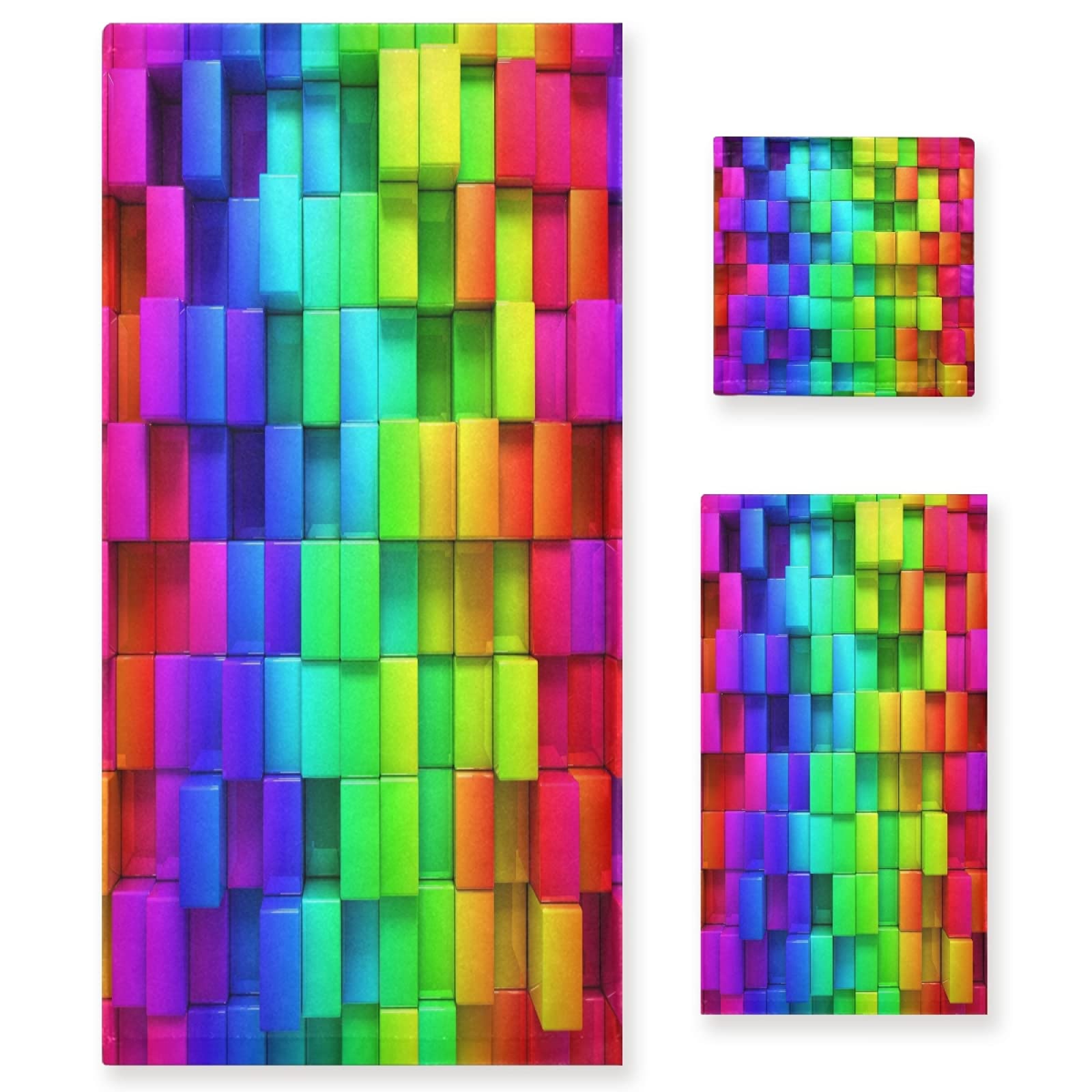 Mnsruu Rainbow Colorful Boxes - Juego de toallas de baño suaves, Pack Toallas, Set Toallas de 3 piezas para baño, spa, hotel, 1 toalla de baño+1 toalla de mano+1 paño