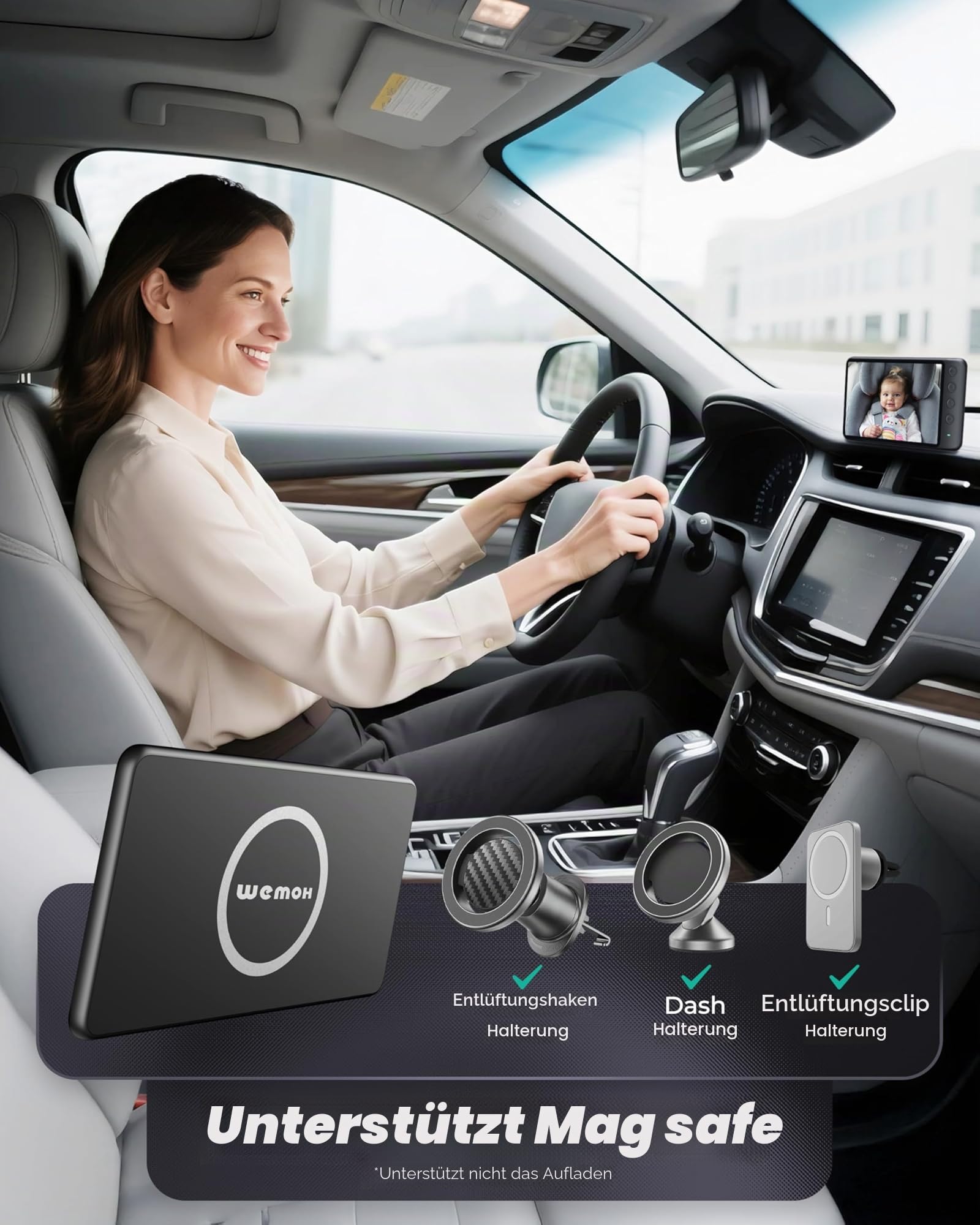 Magnetische Baby-Autokamera, 12,7 cm (5 Zoll), 1080P HD IPS, magnetische Halterung Display, Auto-Nachtsicht, 360° Drehung mit Split- und Zoom-Modus, USB-betriebene Autositzkamera für nach hinten