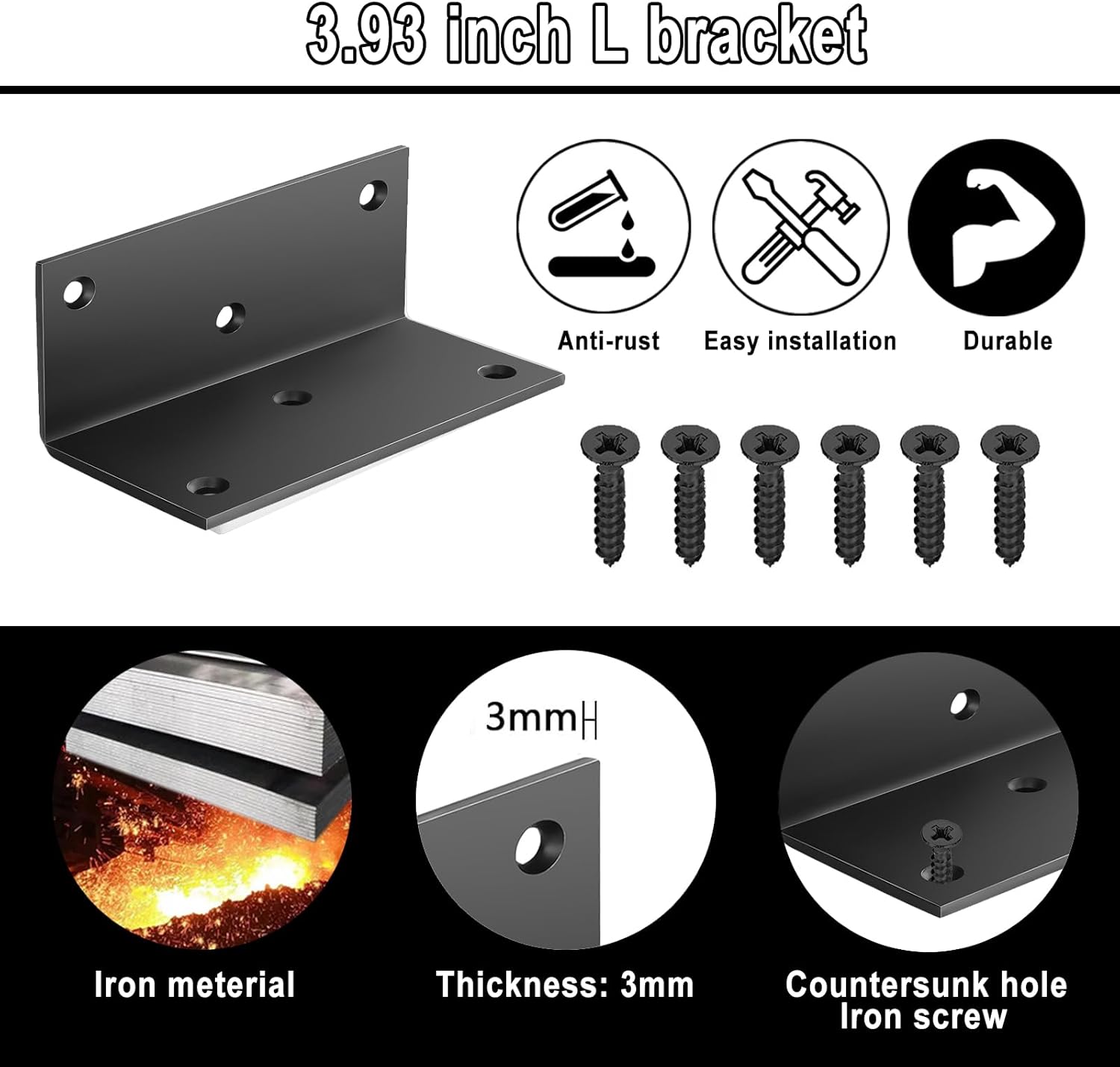 4 PCS Iron 4 Inch L Right Angle Bracket with Screws, 4" x 2" x 2" Metal Joint Bracket 90 Degree Corner Brace for Wood Bookshelf Furniture Cabinet, Thickness 3 mm Heavy Duty Black Brackets