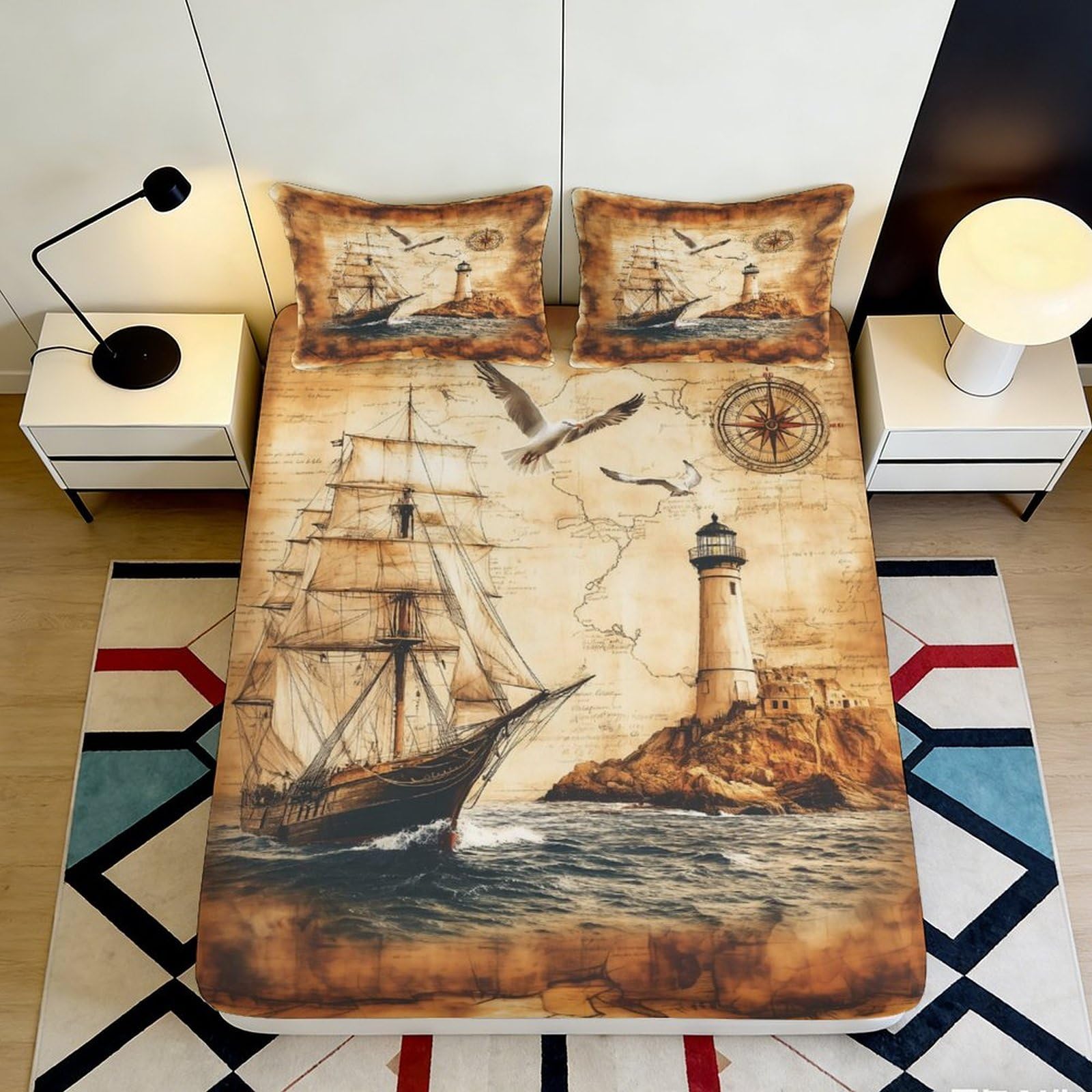 3D Printed Vintage Sailing Ship Fitted Sheet Microfiber Ocean Lighthouse Bed Cover for Bedroom Guest Room Decor 90x200x25cm