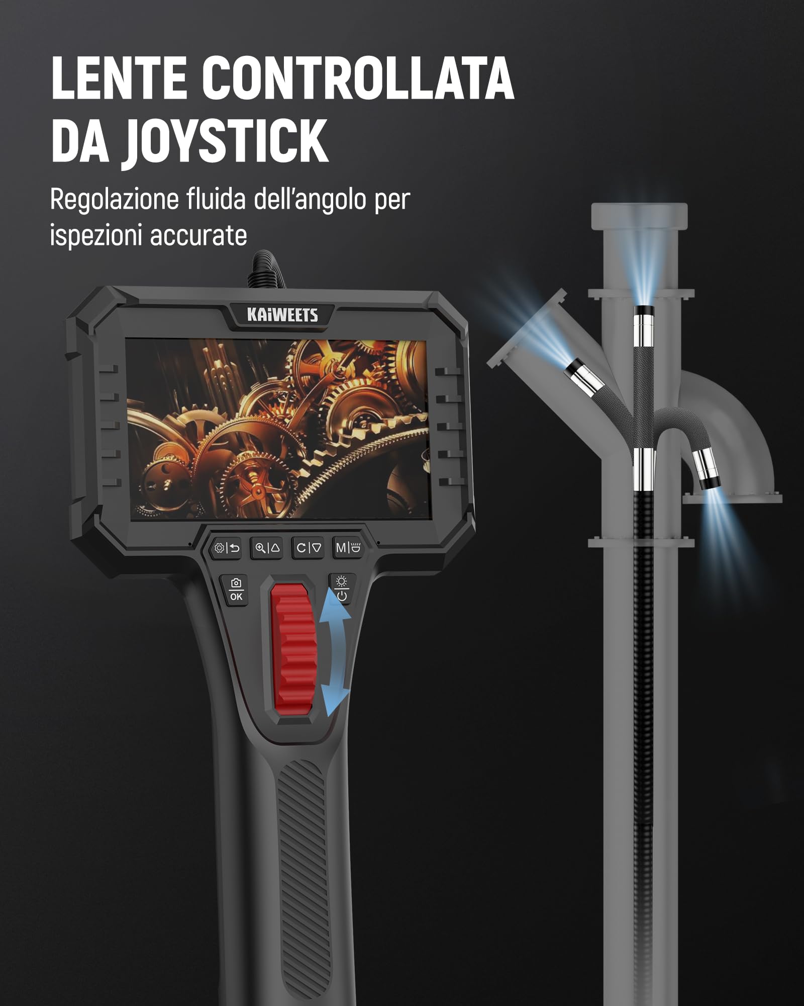 KAIWEETS Endoscopica con Luce, Telecamera 2-Vie Articolata 210° (6,5 mm) con Controllo a Rotella, Display IPS 1080P, Cavo Semirigido 1,6 m, IP67 Impermeabile, per Auto, Idraulica e Industria