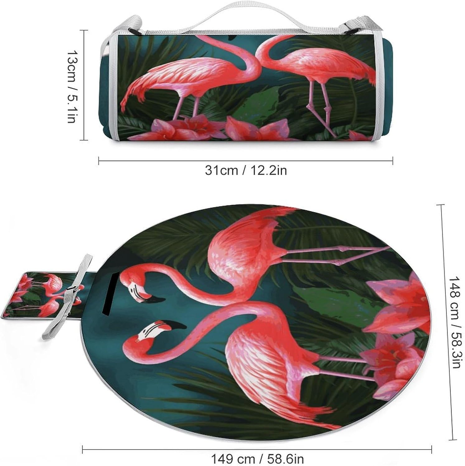 Flamingo Flowers Picnic Mat Lightweight Waterproof Picnic Blankets Extra Large Picnic Outdoor Blankets Foldable Sandproof Beach Blanket for Park Beach Camping Courtyard 58.3''x58.3''