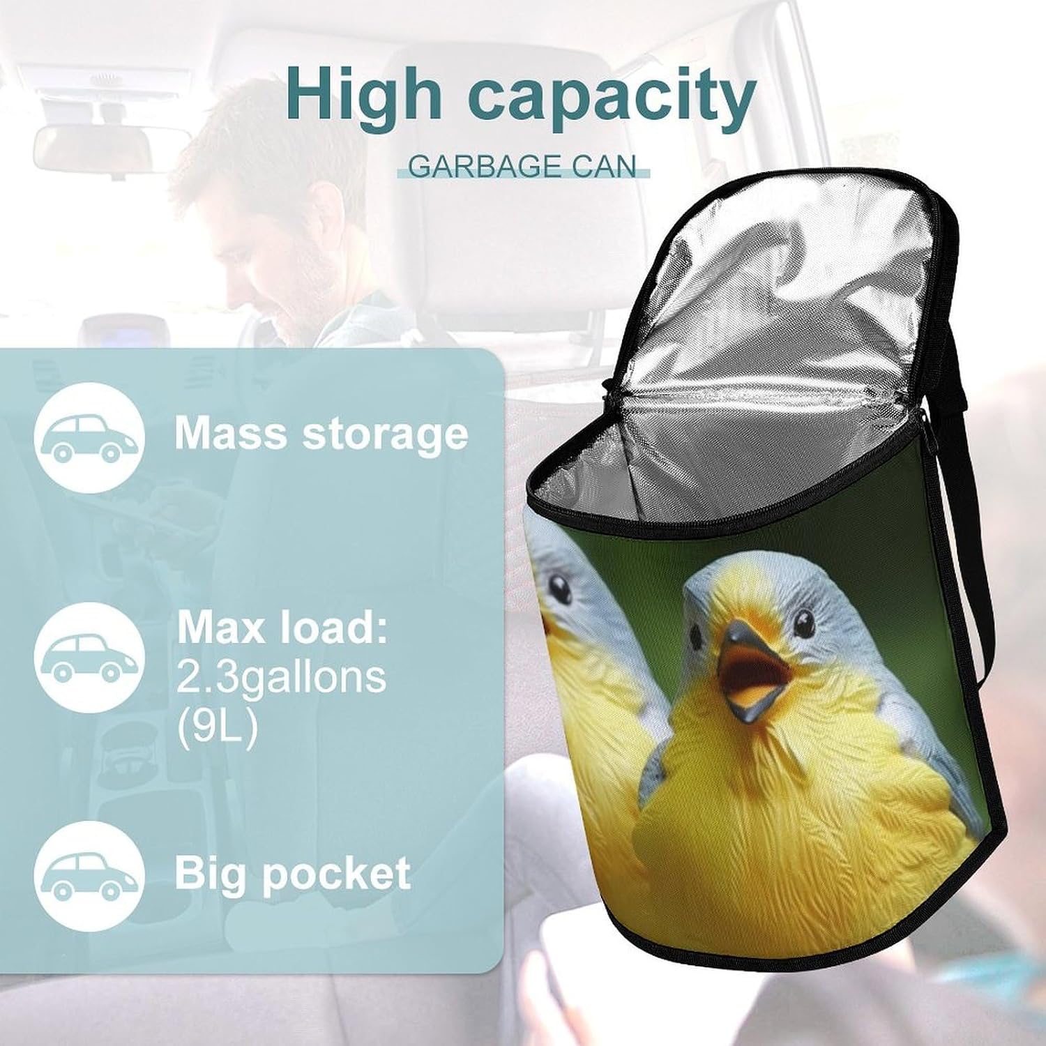 Funny Bird Car Trash Can with Lid, Leakproof Hanging Automotive Trash Bin, Waterproof Garbage Storage Bag for Vehicles, RV, Bathroom, Office image 3