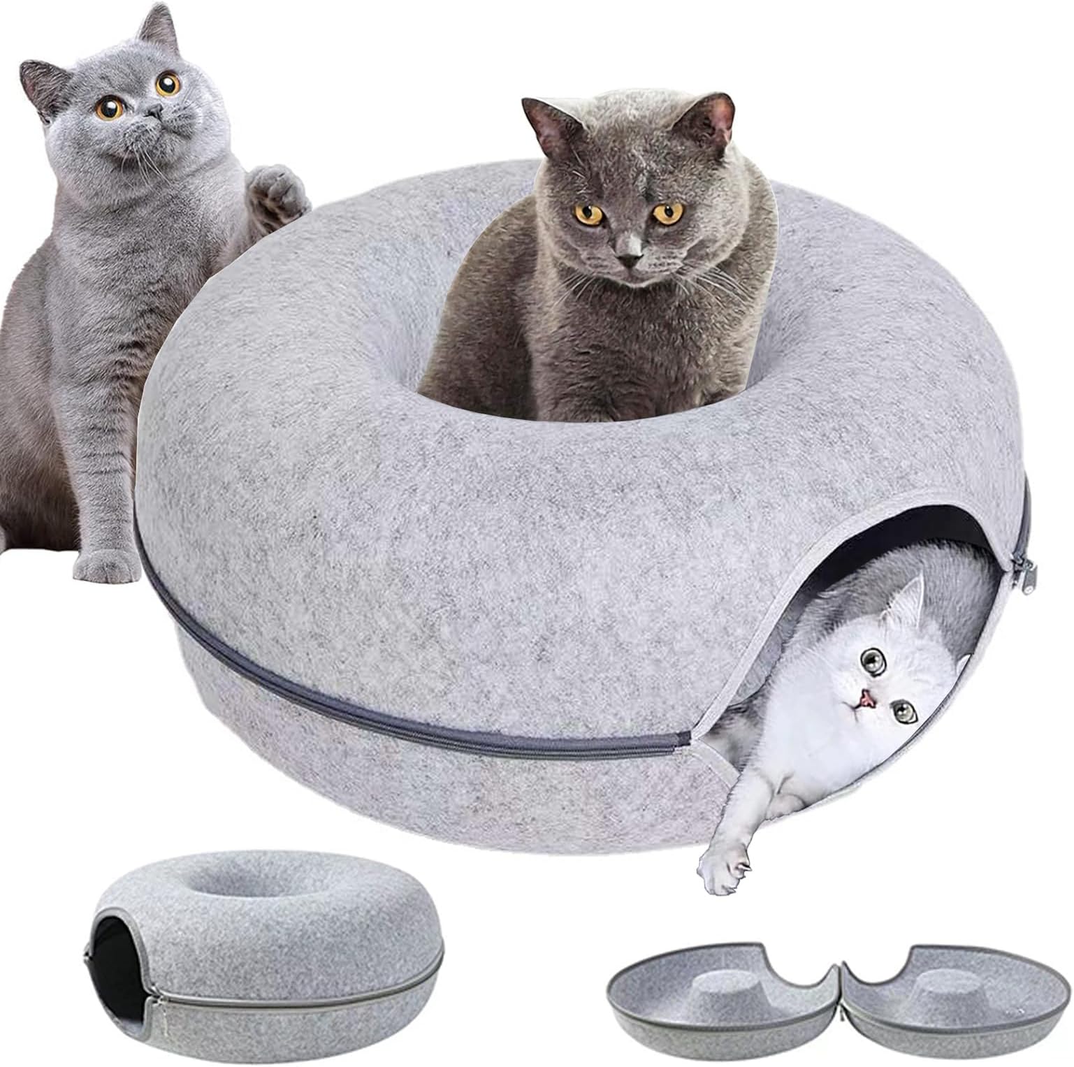 SUMKLarge Cat Tunnel Bed for Indoor Cats,Scratch Resistant Cat Donut Tunnel Cat Cave Bed Nest, Up to 13.5KG (60x60x28.5CM, Light Grey)