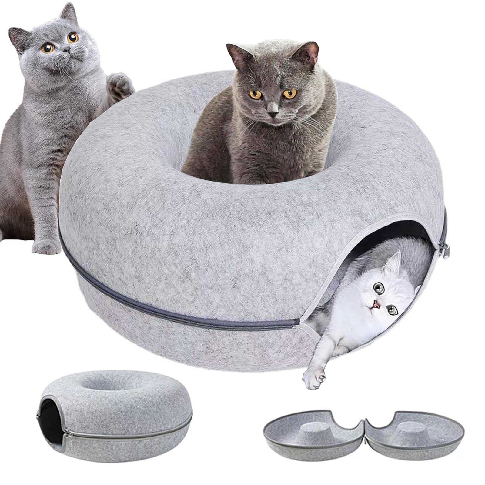 SUMKLarge Cat Tunnel Bed for Indoor Cats,Scratch Resistant Cat Donut Tunnel Cat Cave Bed Nest, Up to 13.5KG (60x60x28.5CM, Light Grey)